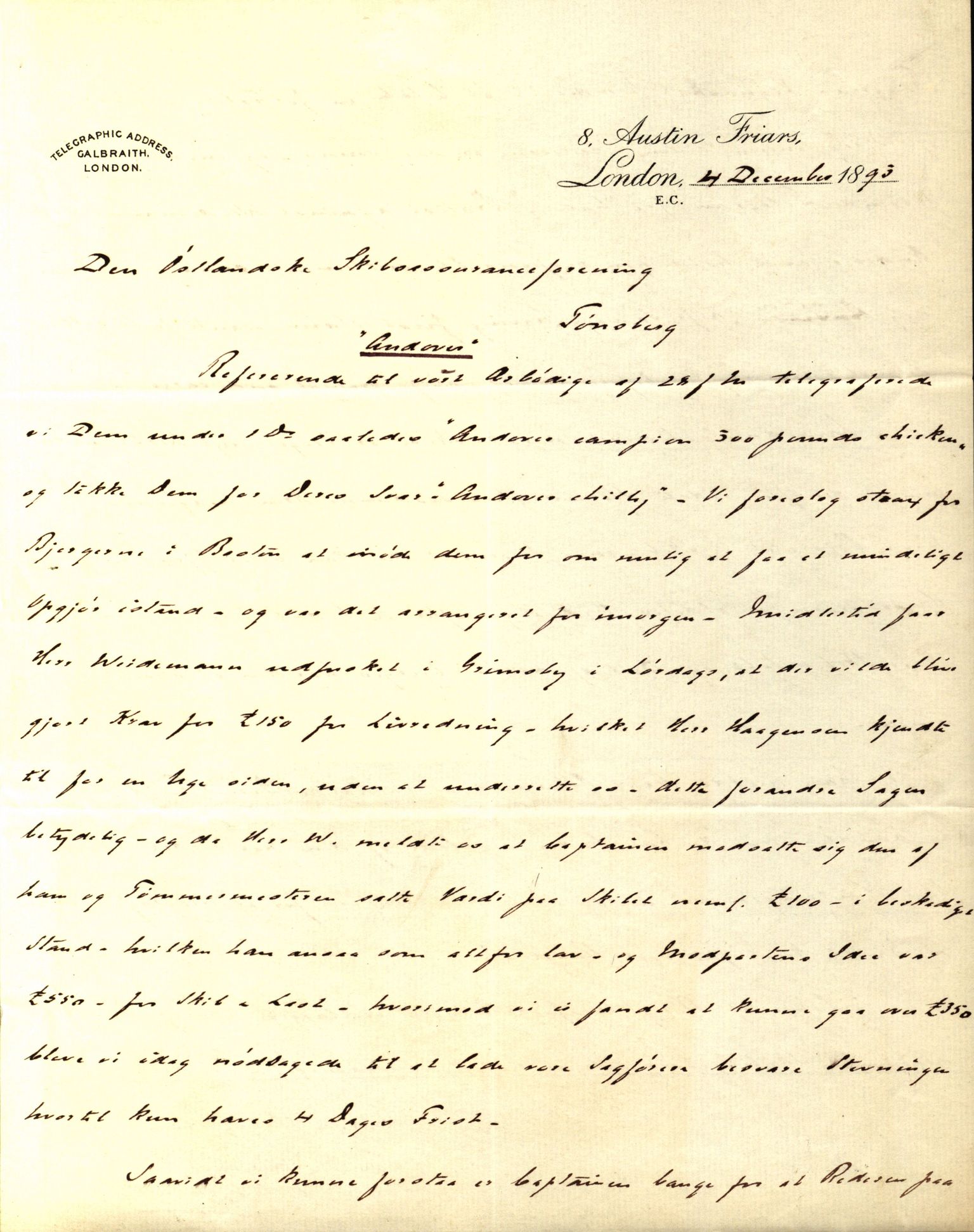 Pa 63 - Østlandske skibsassuranceforening, VEMU/A-1079/G/Ga/L0030/0001: Havaridokumenter / Leif, Korsvei, Margret, Mangerton, Mathilde, Island, Andover, 1893, p. 259