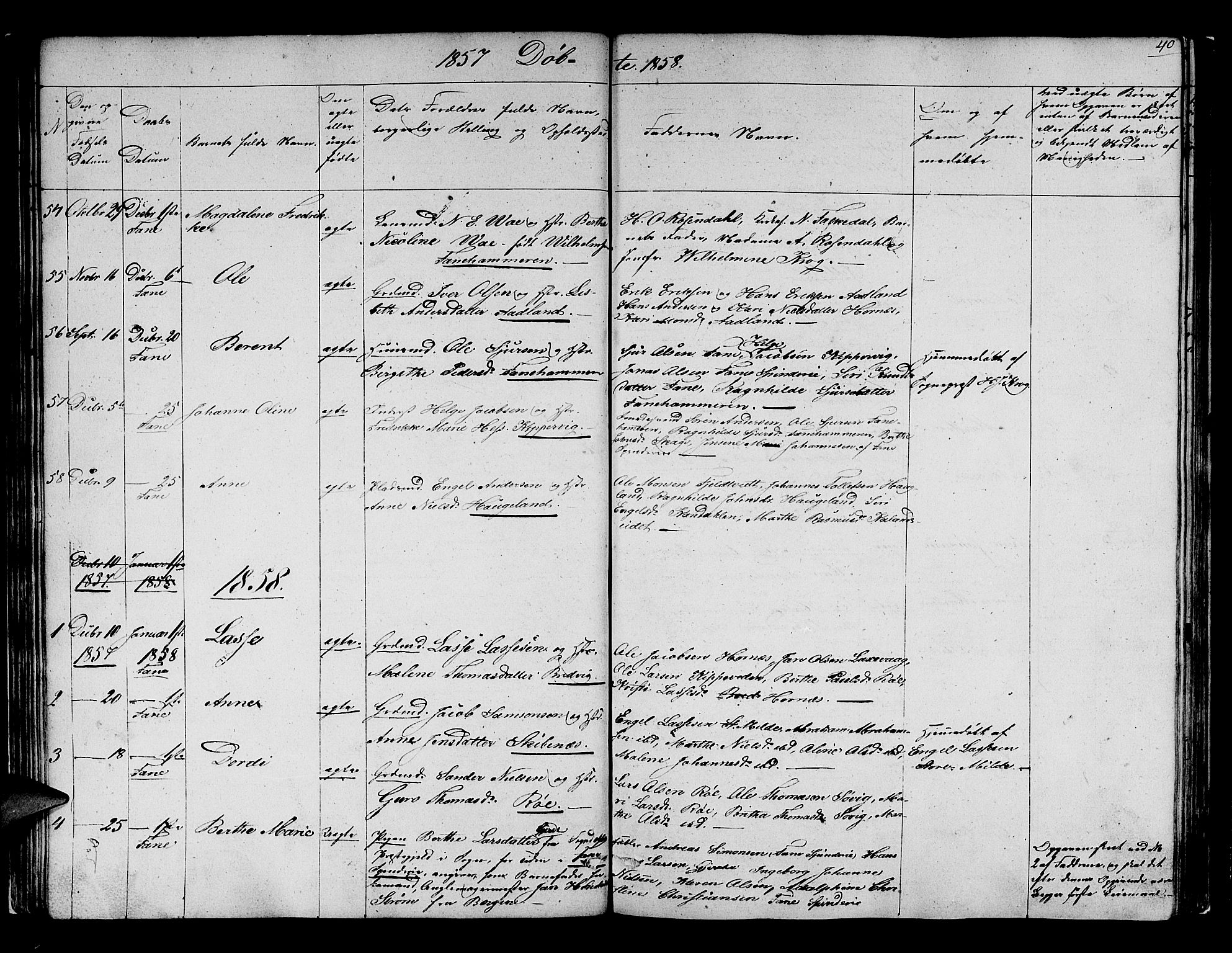 Fana Sokneprestembete, SAB/A-75101/H/Hab/Habb/L0002: Parish register (copy) no. B 2, 1851-1860, p. 40