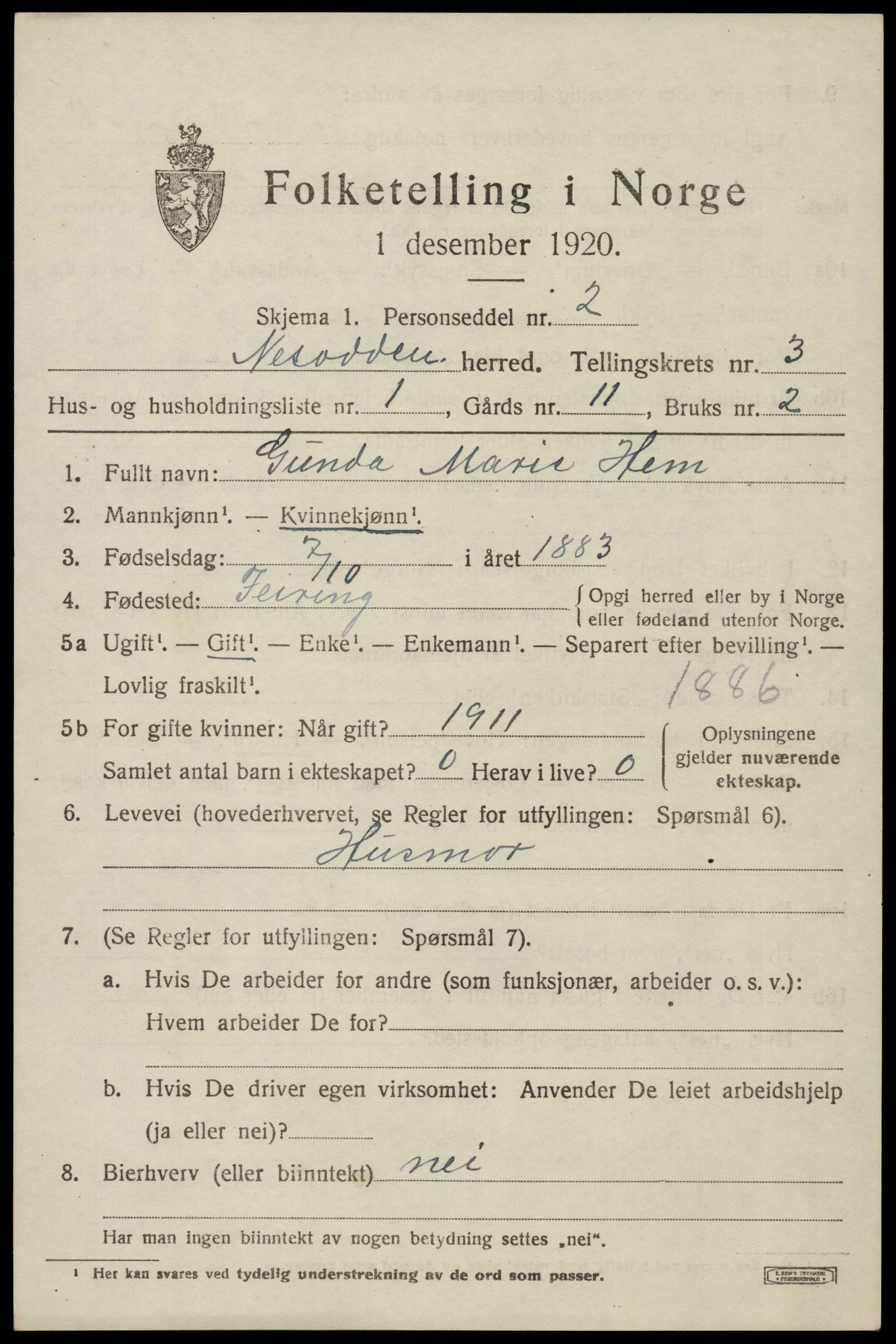 SAO, 1920 census for Nesodden, 1920, p. 3139