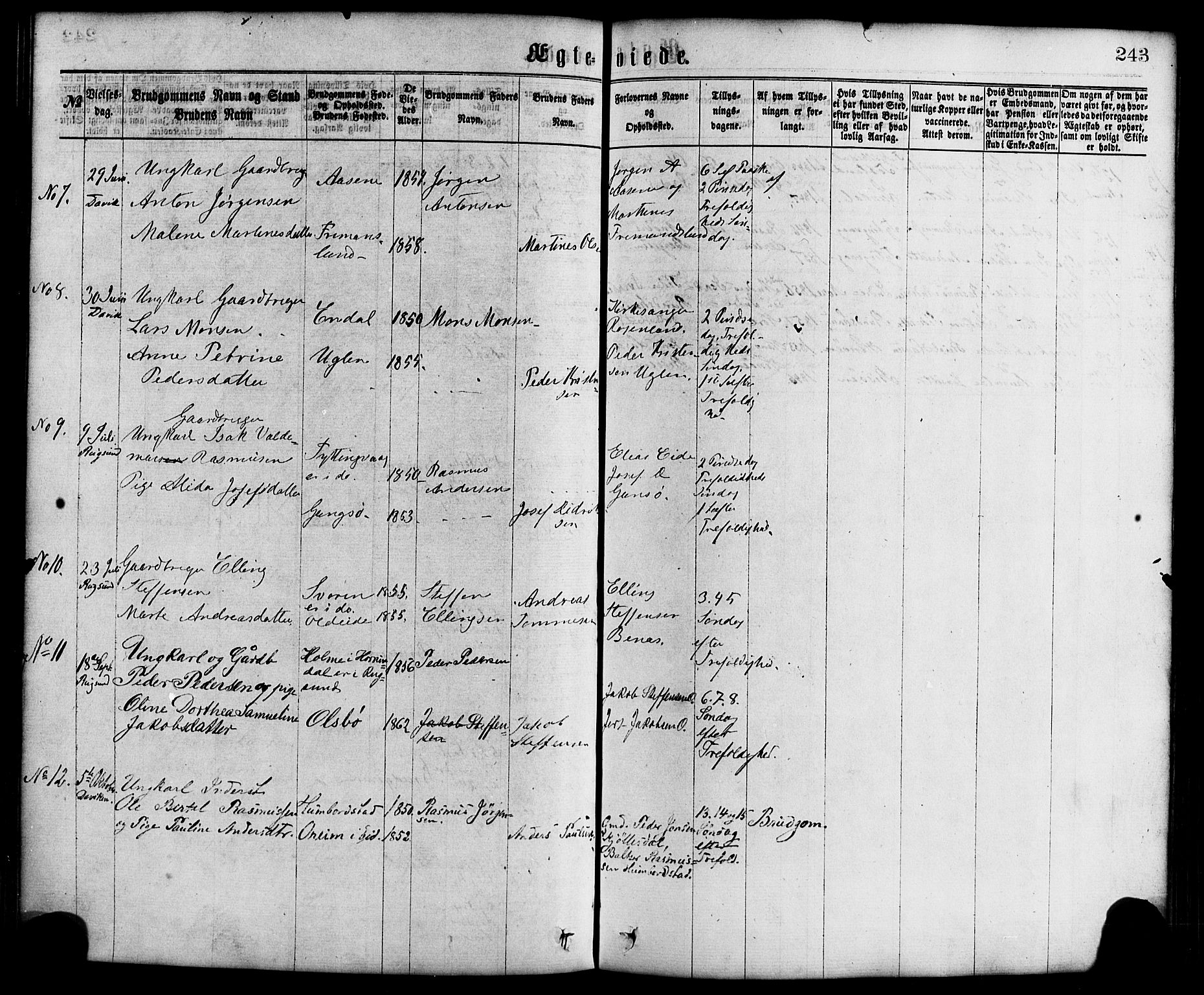 Davik sokneprestembete, AV/SAB-A-79701/H/Haa/Haaa/L0006: Parish register (official) no. A 6, 1867-1881, p. 243