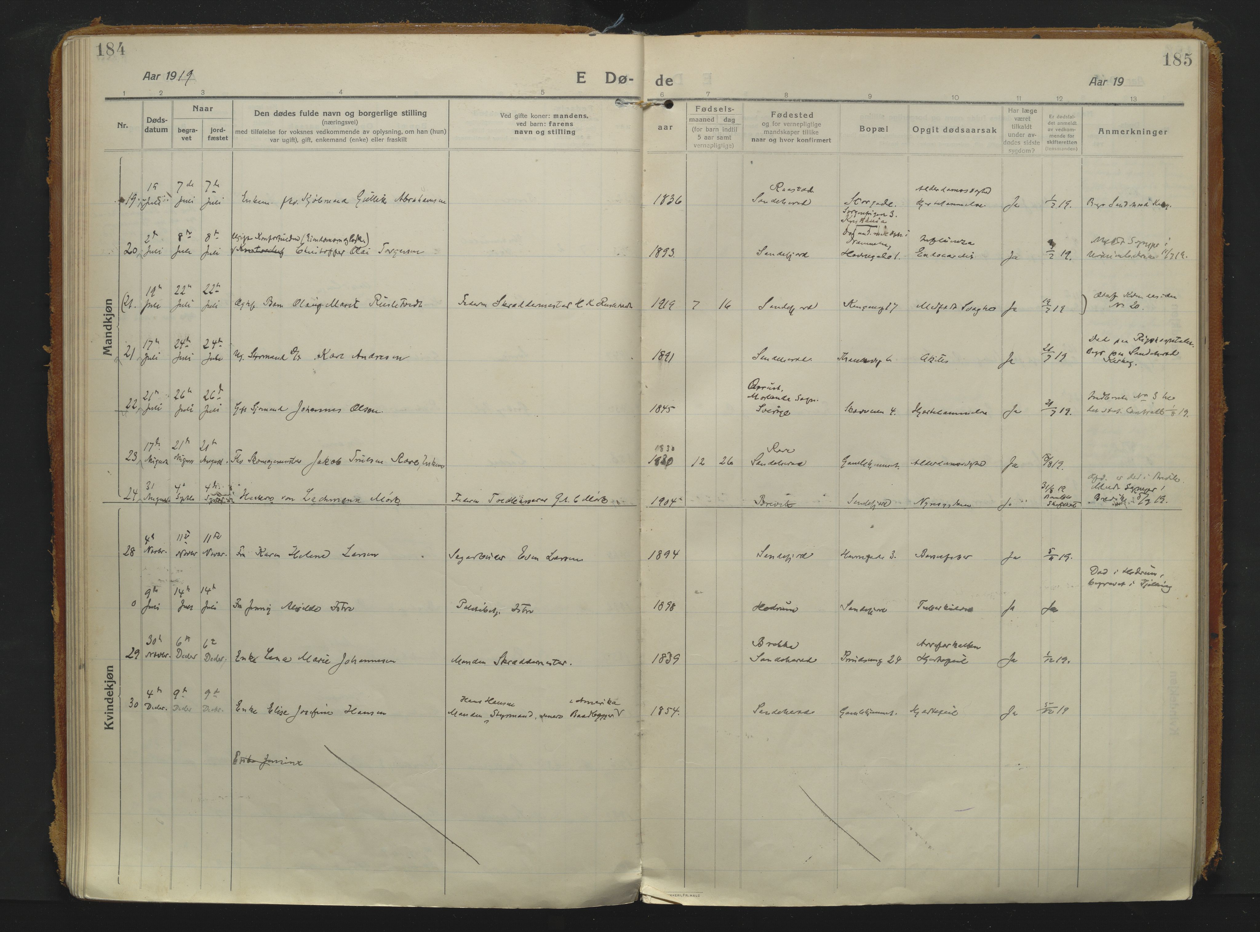 Sandefjord kirkebøker, SAKO/A-315/F/Fa/L0008: Parish register (official) no. 8, 1916-1926, p. 184-185