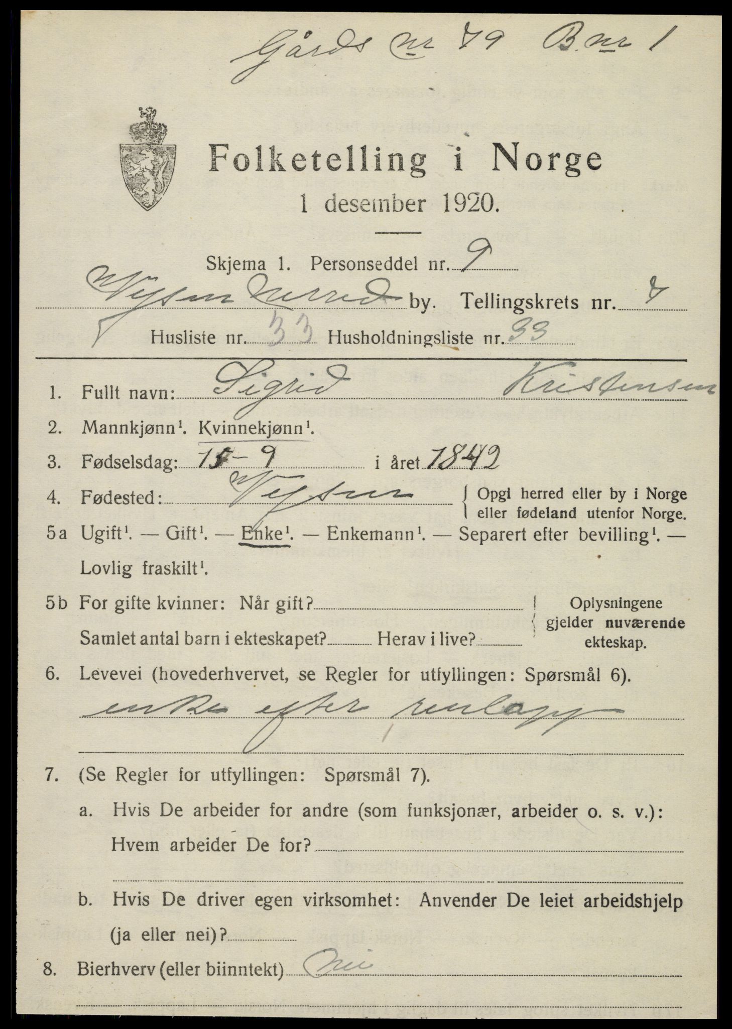 SAT, 1920 census for Vefsn, 1920, p. 5303