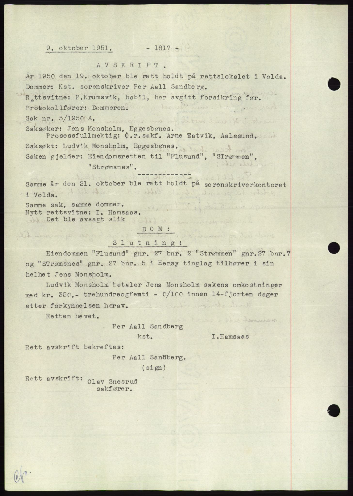 Søre Sunnmøre sorenskriveri, AV/SAT-A-4122/1/2/2C/L0090: Mortgage book no. 16A, 1951-1951, Diary no: : 1816/1951