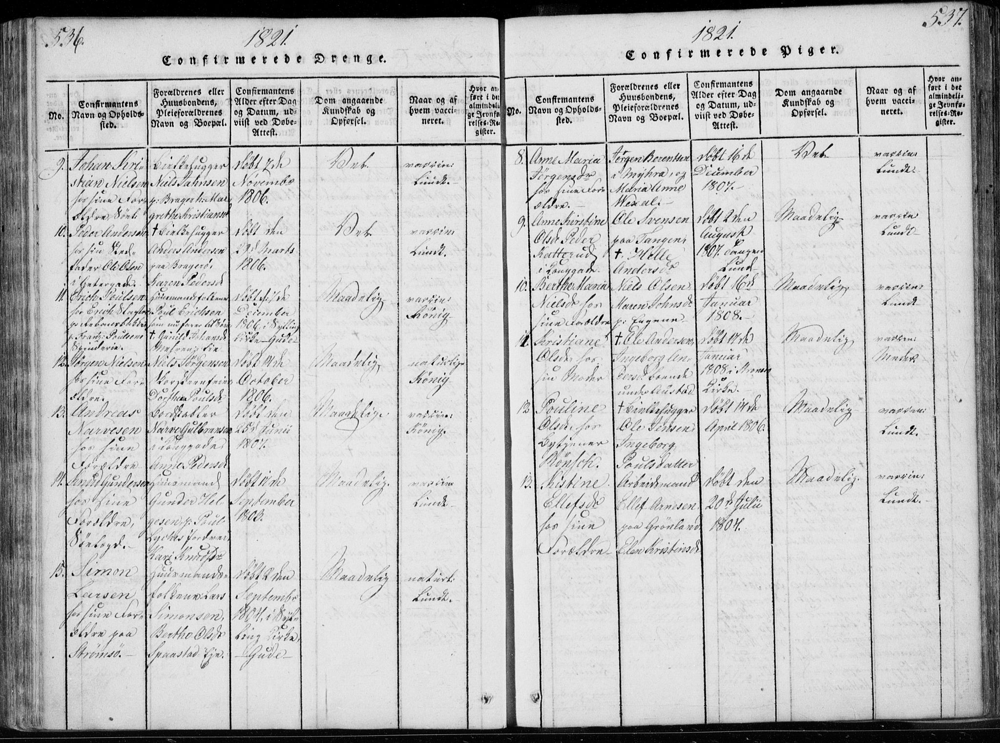 Bragernes kirkebøker, SAKO/A-6/F/Fa/L0007: Parish register (official) no. I 7, 1815-1829, p. 536-537