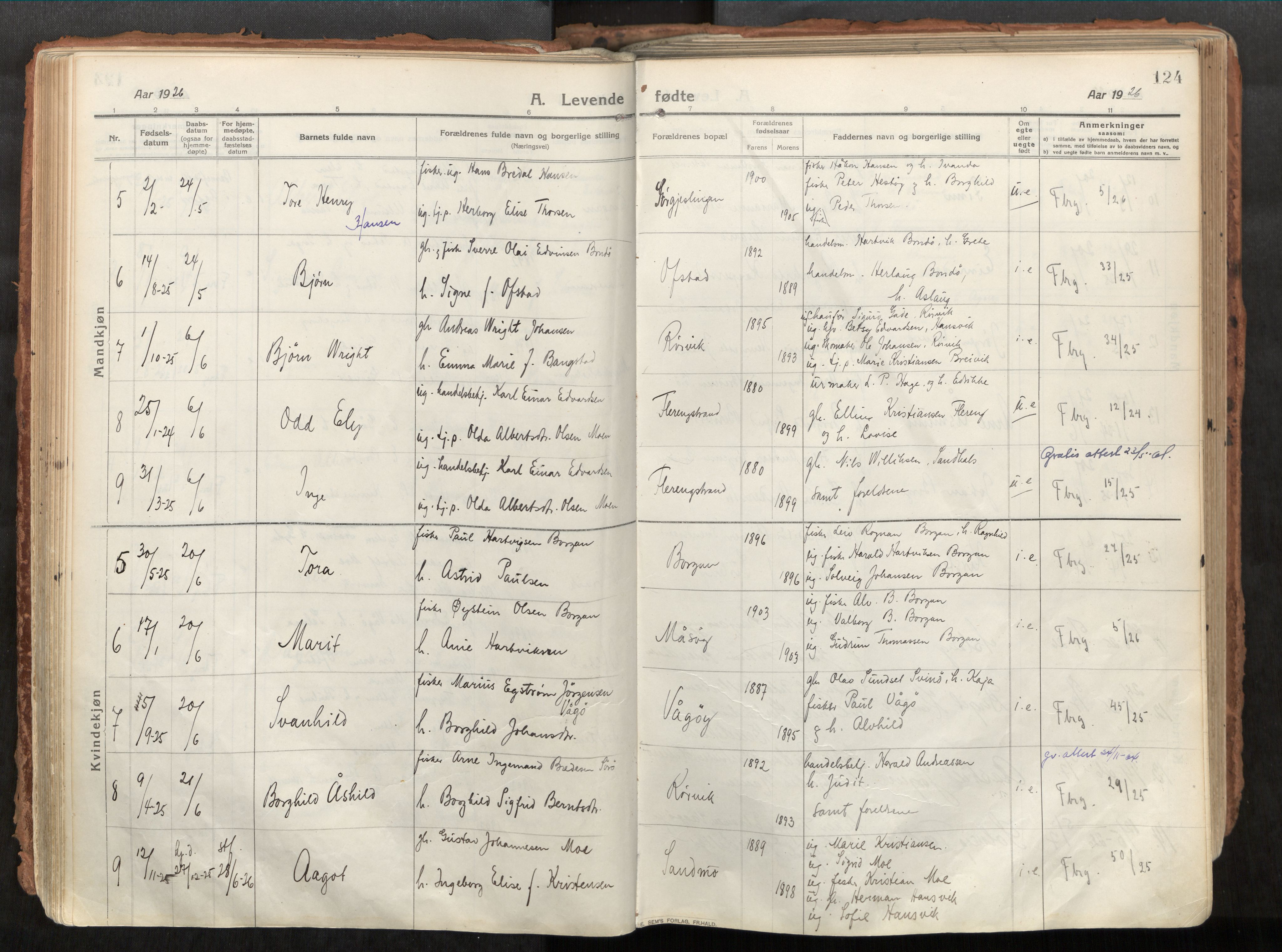 Vikna sokneprestkontor, AV/SAT-A-1173/1/I/I1/I1a/L0001: Parish register (official) no. 1, 1913-1934, p. 124