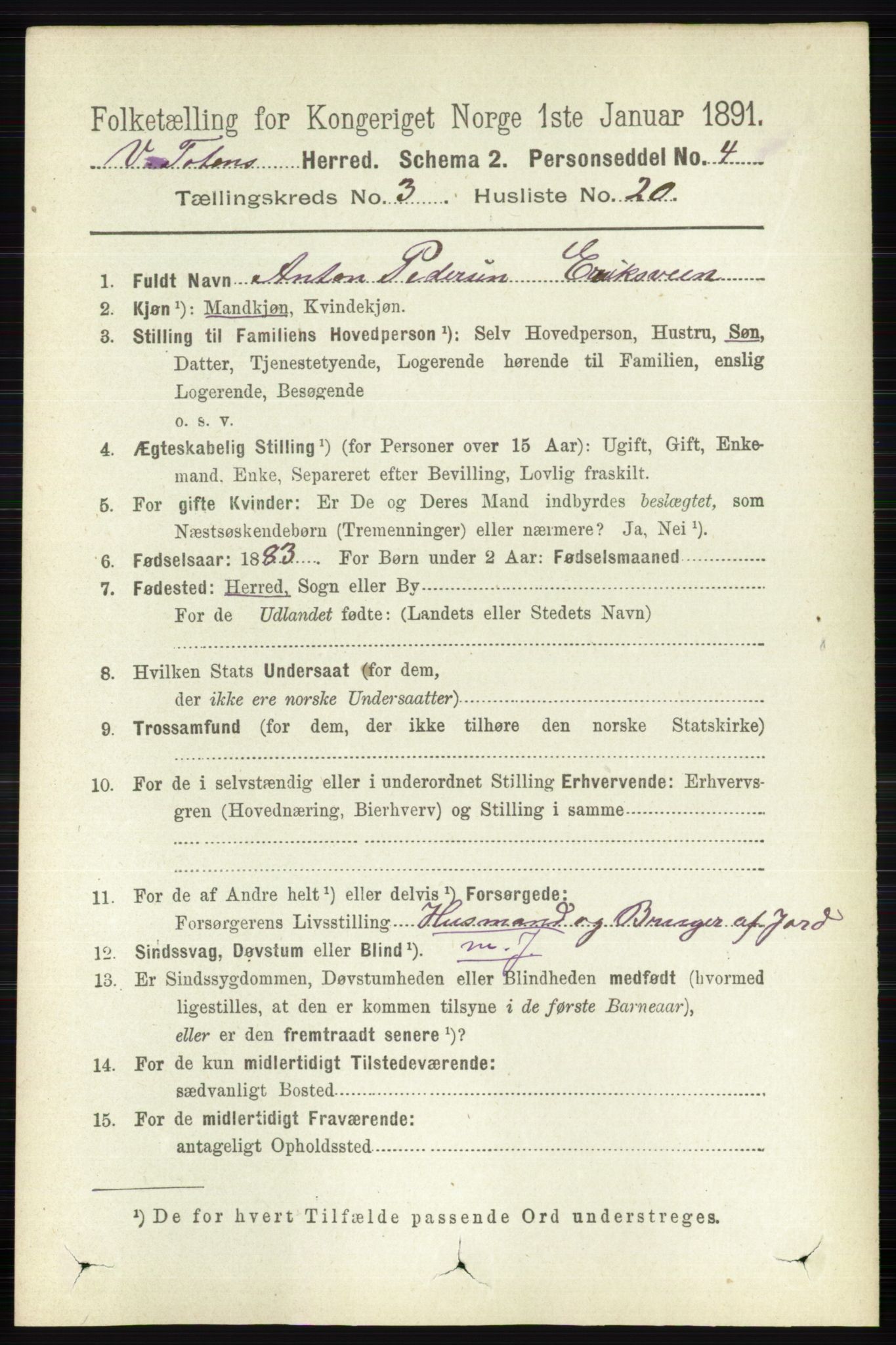 RA, 1891 census for 0529 Vestre Toten, 1891, p. 2092