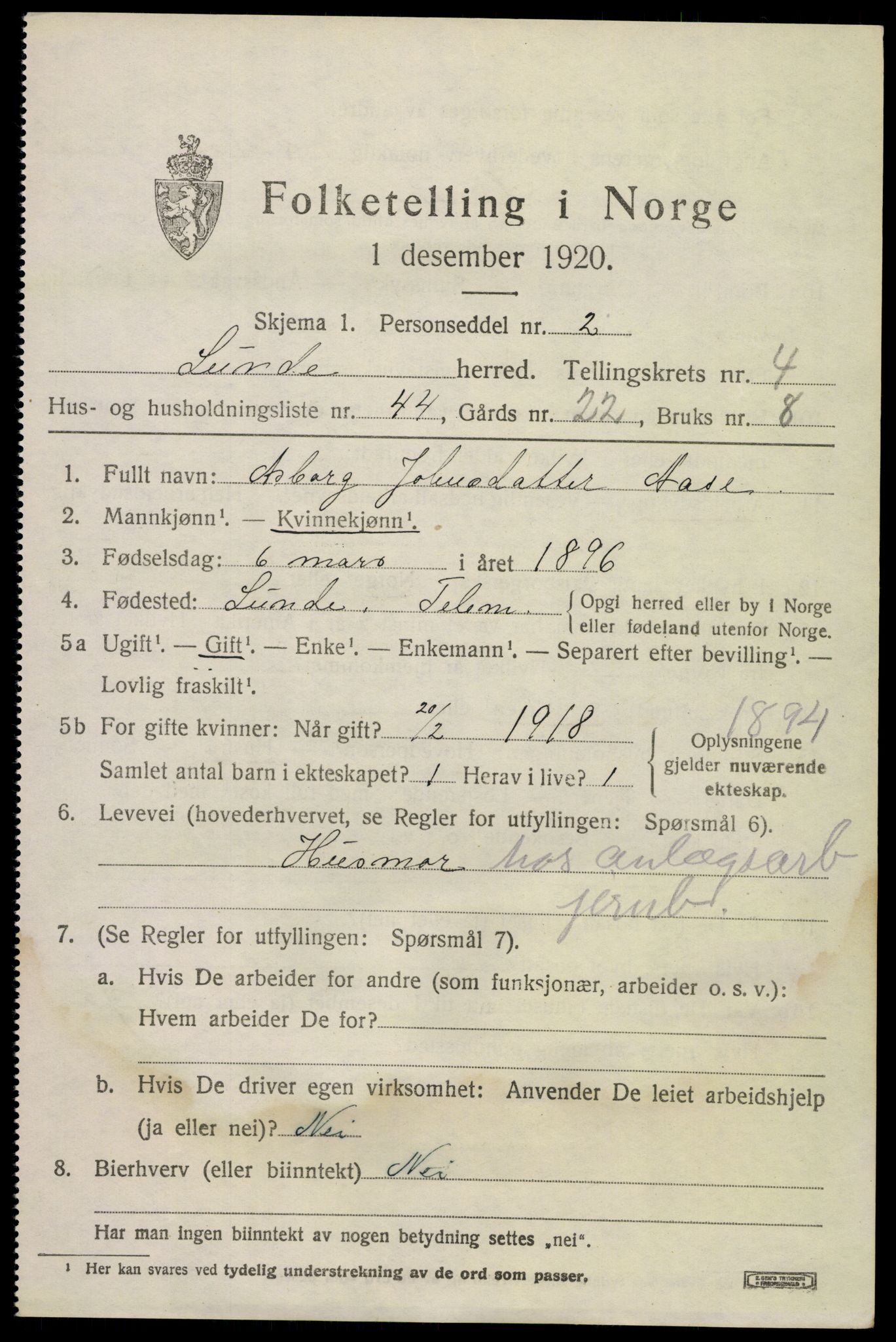 SAKO, 1920 census for Lunde, 1920, p. 3399