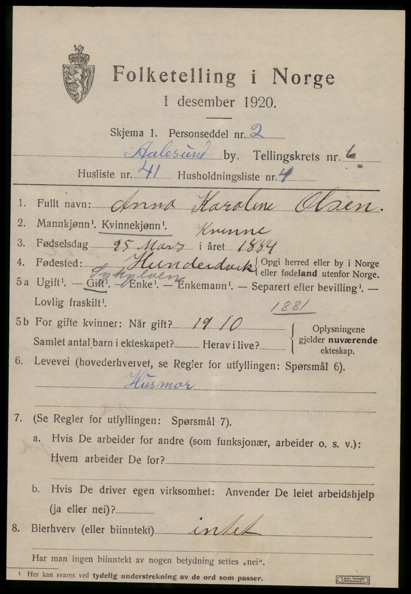 SAT, 1920 census for Ålesund, 1920, p. 19030