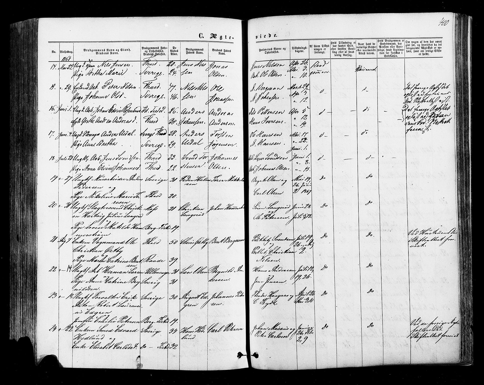 Halden prestekontor Kirkebøker, AV/SAO-A-10909/F/Fa/L0009: Parish register (official) no. I 9, 1866-1877, p. 400