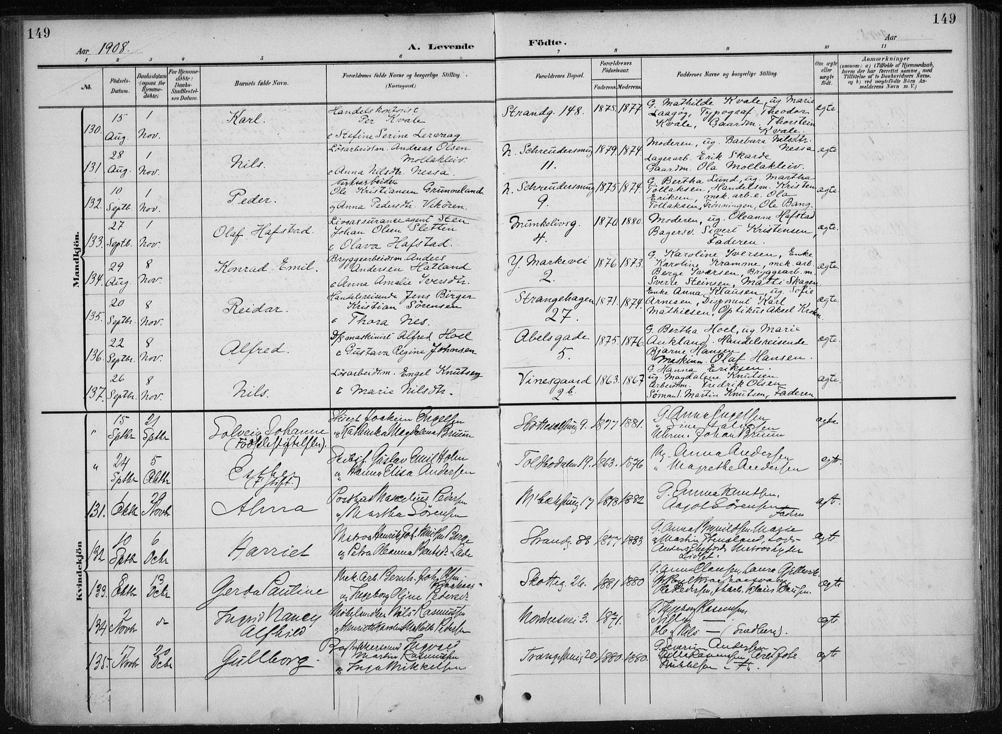 Nykirken Sokneprestembete, AV/SAB-A-77101/H/Haa/L0019: Parish register (official) no. B 7, 1904-1916, p. 149