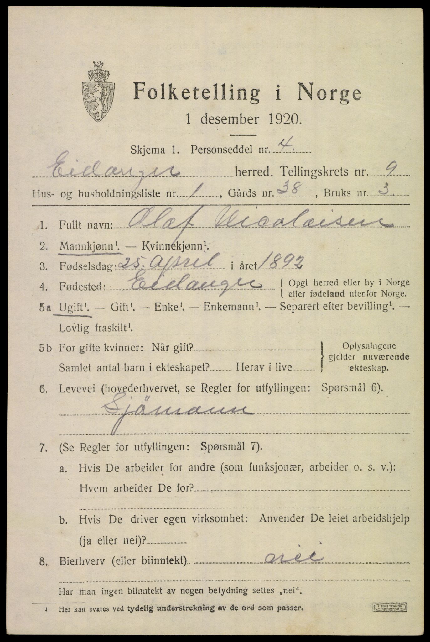 SAKO, 1920 census for Eidanger, 1920, p. 5916