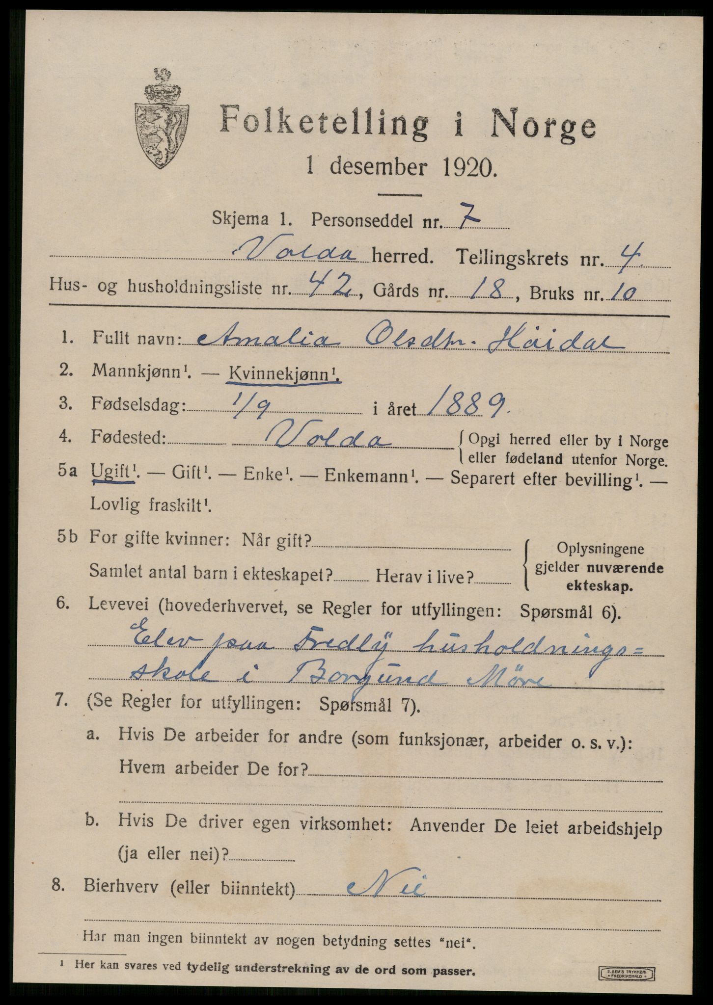 SAT, 1920 census for Volda, 1920, p. 3688