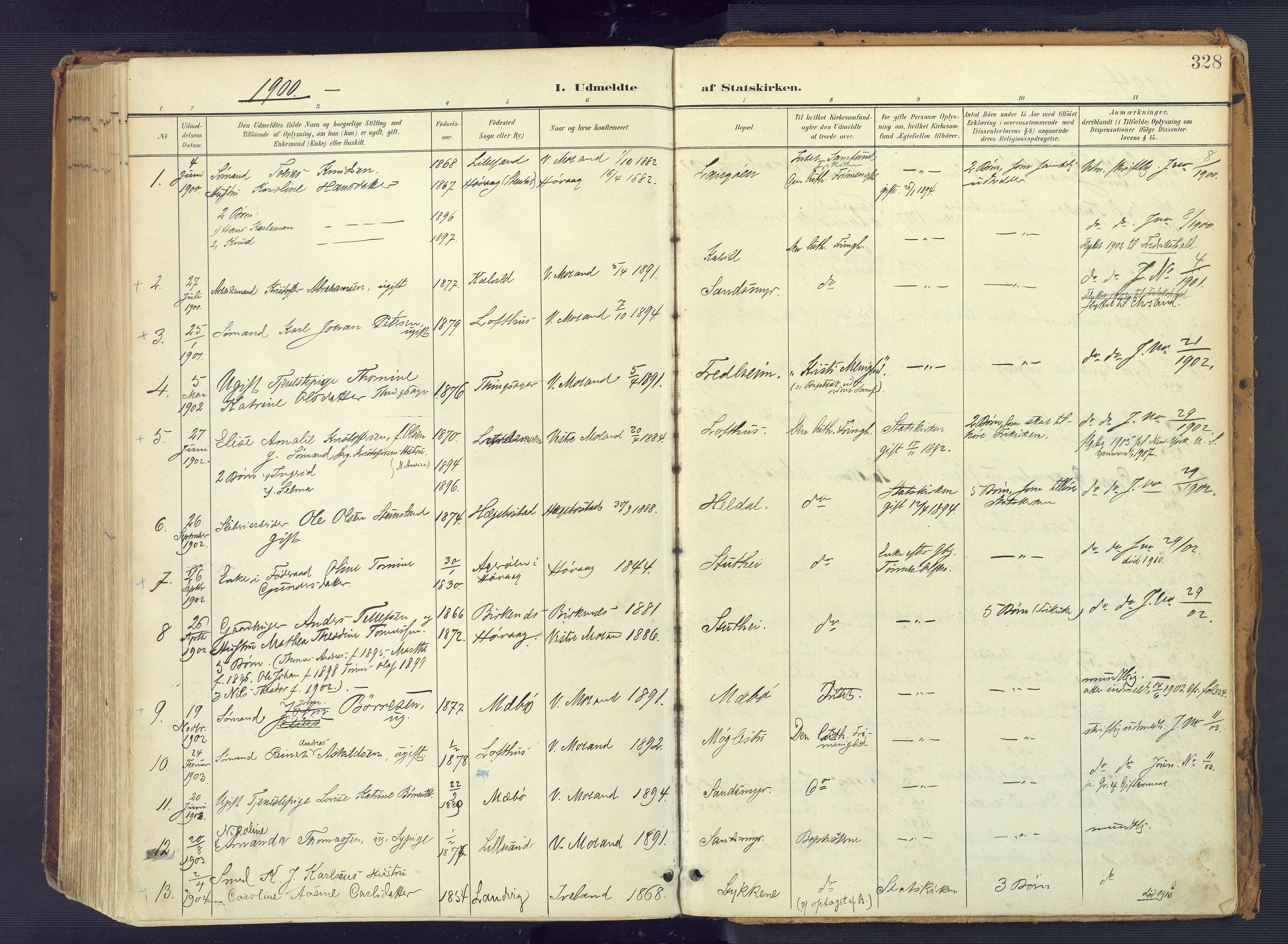 Vestre Moland sokneprestkontor, AV/SAK-1111-0046/F/Fa/Fab/L0010: Parish register (official) no. A 10, 1900-1926, p. 328