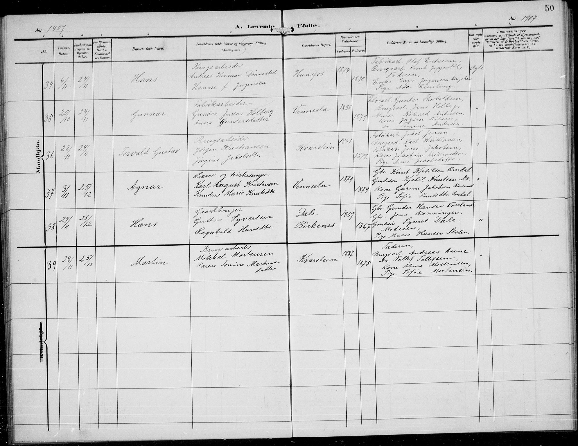 Vennesla sokneprestkontor, AV/SAK-1111-0045/Fb/Fbb/L0005: Parish register (copy) no. B 5, 1903-1913, p. 50