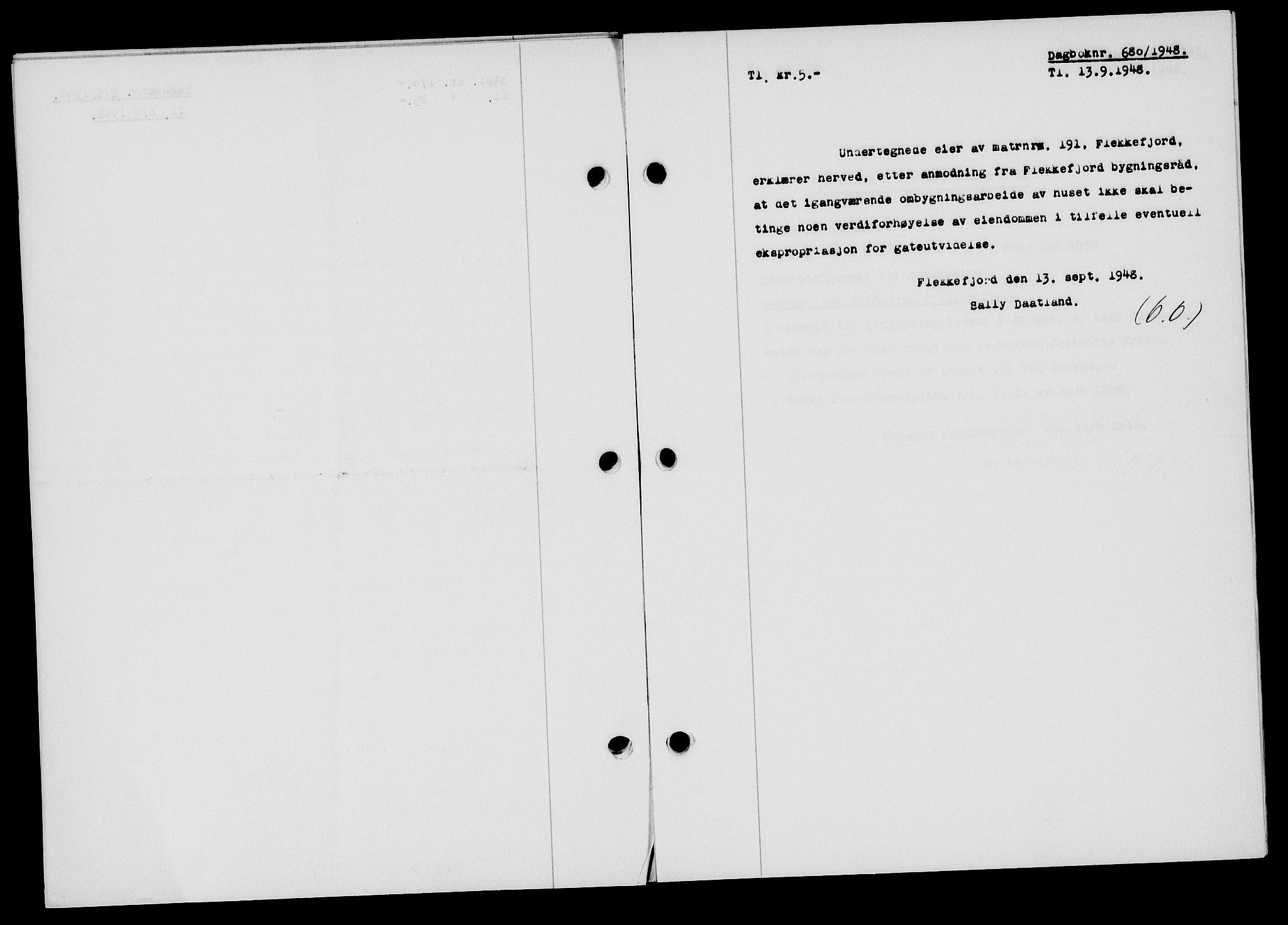 Flekkefjord sorenskriveri, SAK/1221-0001/G/Gb/Gba/L0064: Mortgage book no. A-12, 1948-1949, Diary no: : 680/1948