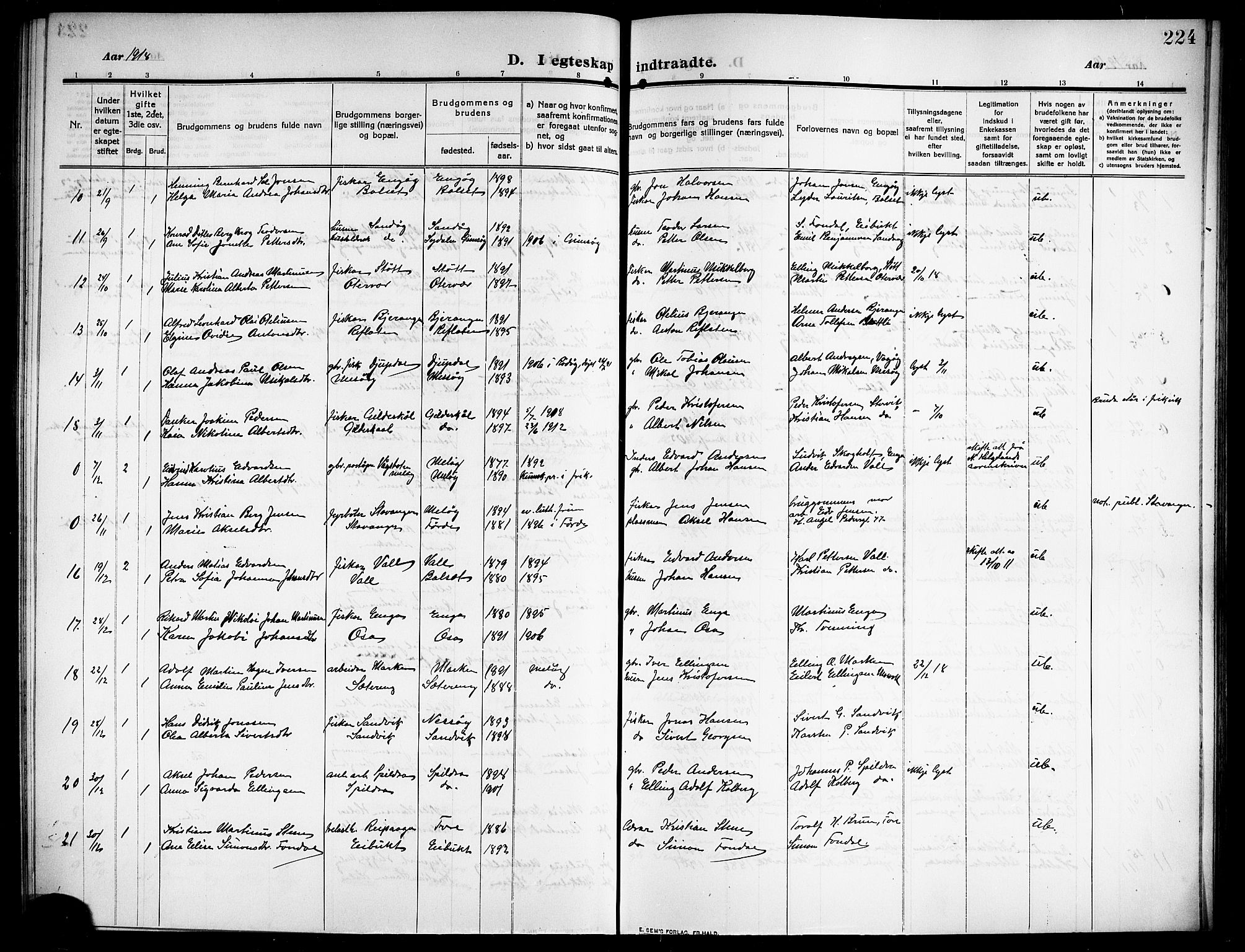 Ministerialprotokoller, klokkerbøker og fødselsregistre - Nordland, AV/SAT-A-1459/843/L0639: Parish register (copy) no. 843C08, 1908-1924, p. 224