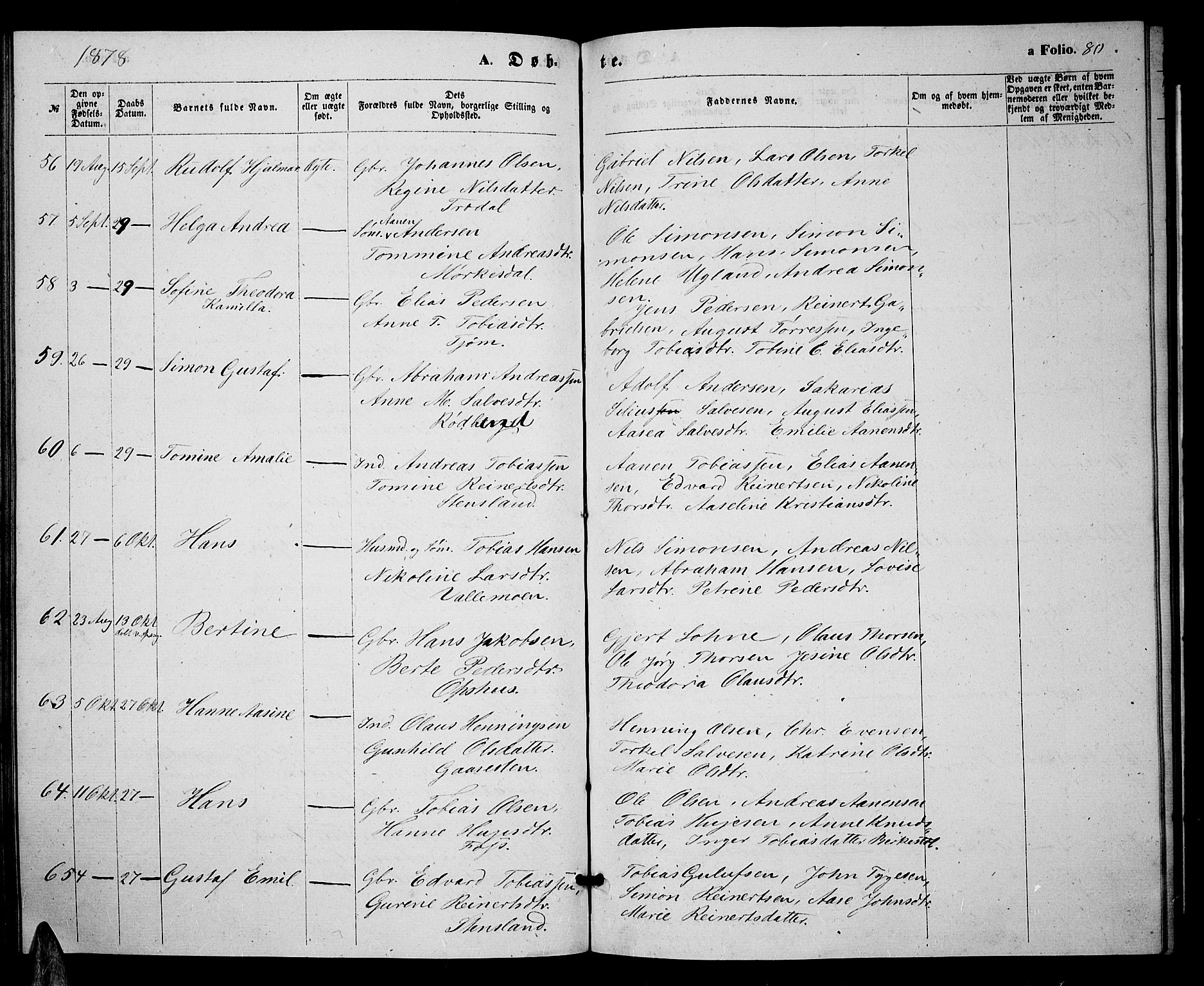 Sør-Audnedal sokneprestkontor, SAK/1111-0039/F/Fb/Fbb/L0004: Parish register (copy) no. B 4, 1868-1879, p. 80