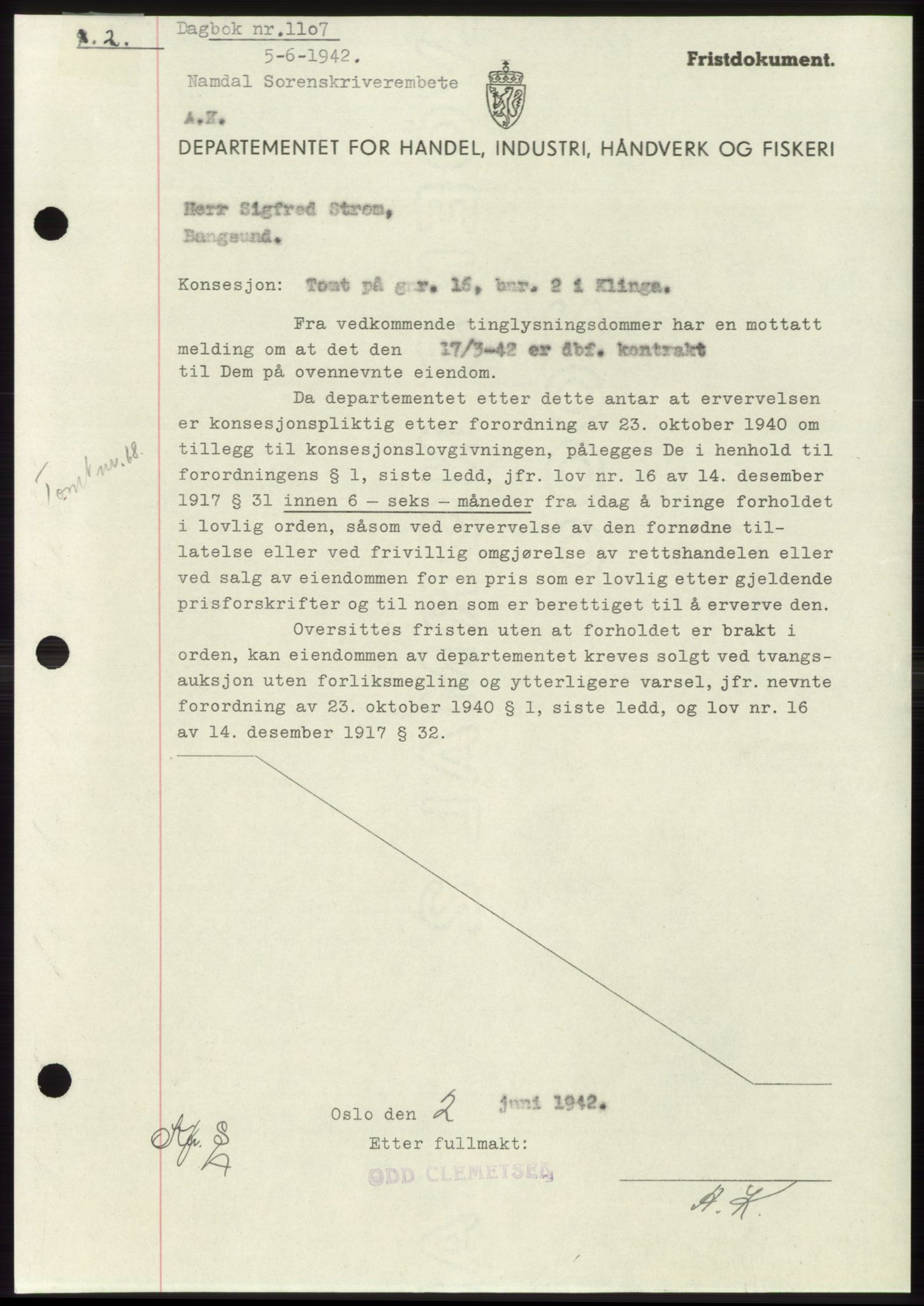 Namdal sorenskriveri, SAT/A-4133/1/2/2C: Mortgage book no. -, 1941-1942, Diary no: : 1107/1942