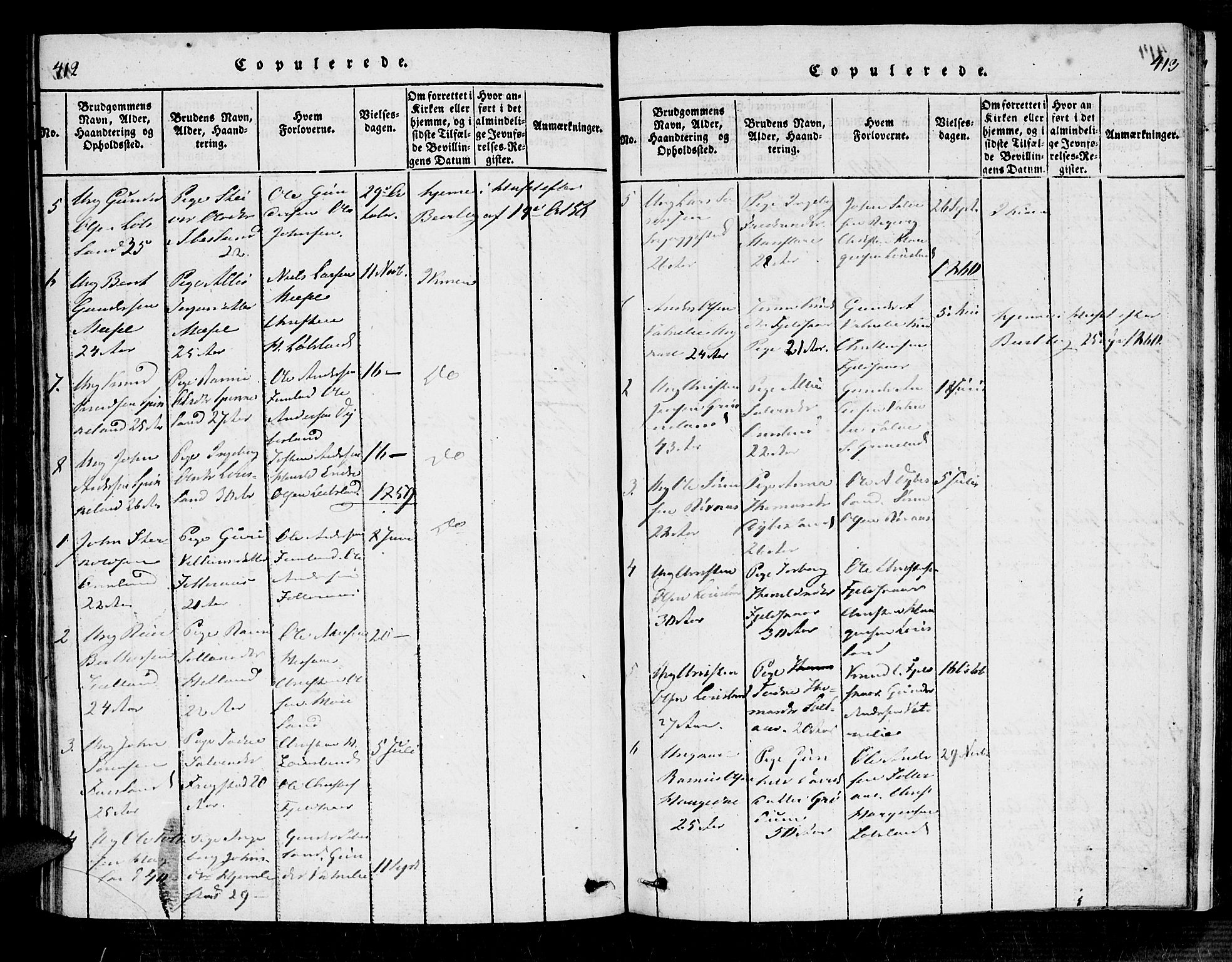 Bjelland sokneprestkontor, SAK/1111-0005/F/Fa/Fab/L0002: Parish register (official) no. A 2, 1816-1869, p. 412-413