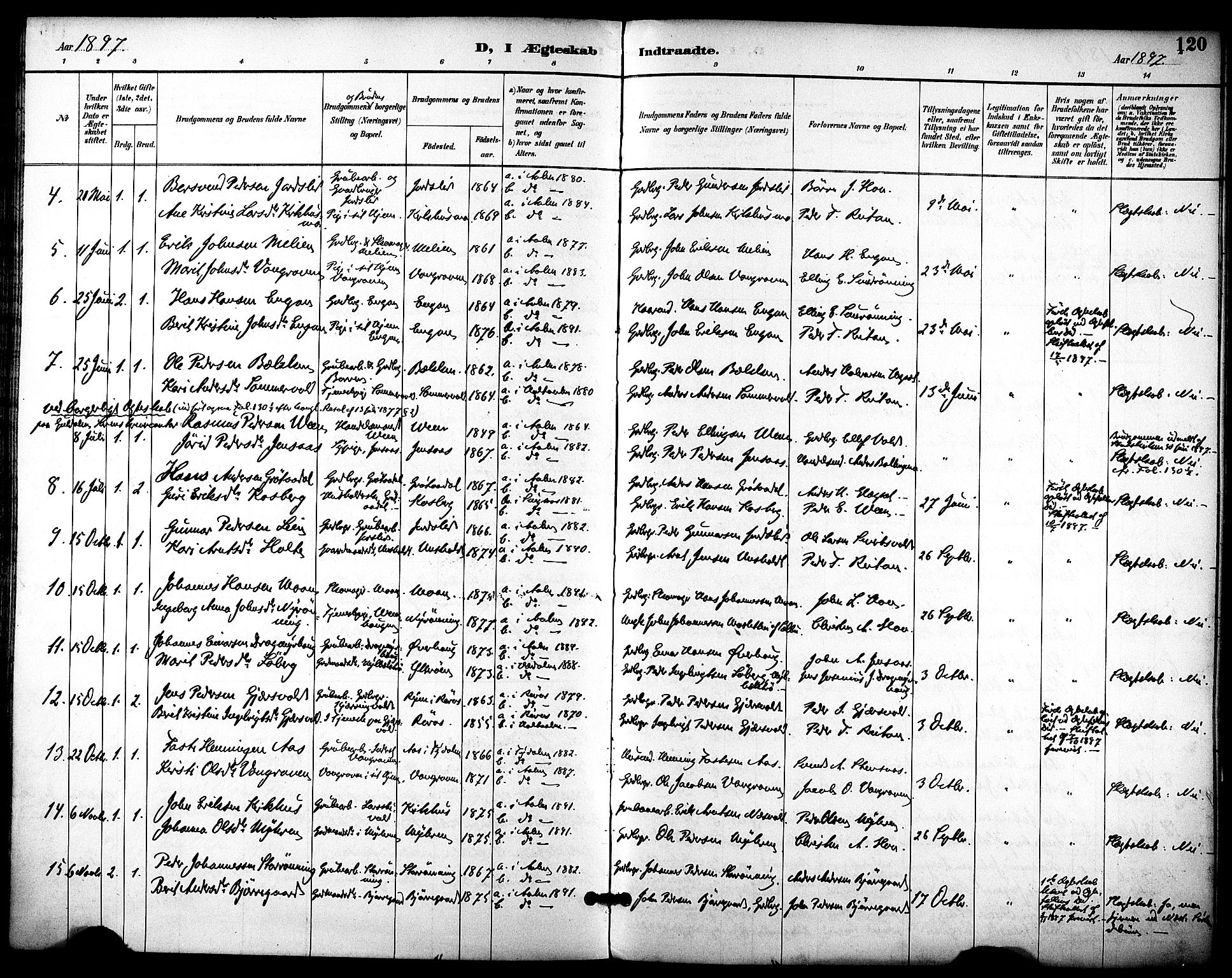Ministerialprotokoller, klokkerbøker og fødselsregistre - Sør-Trøndelag, AV/SAT-A-1456/686/L0984: Parish register (official) no. 686A02, 1891-1906, p. 120