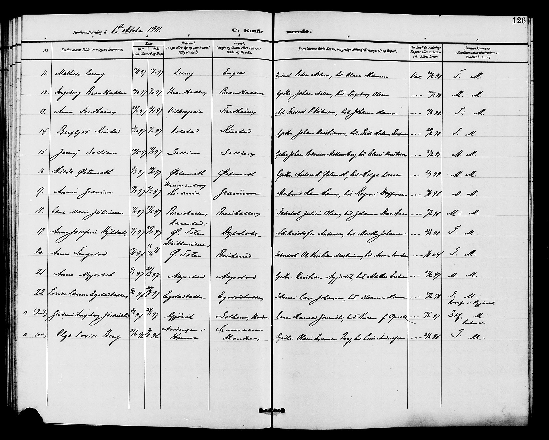 Vardal prestekontor, SAH/PREST-100/H/Ha/Hab/L0011: Parish register (copy) no. 11, 1899-1913, p. 126
