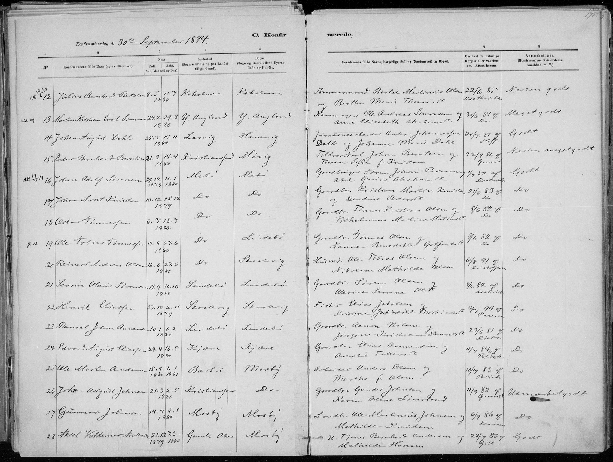 Oddernes sokneprestkontor, SAK/1111-0033/F/Fa/Faa/L0009: Parish register (official) no. A 9, 1884-1896, p. 175