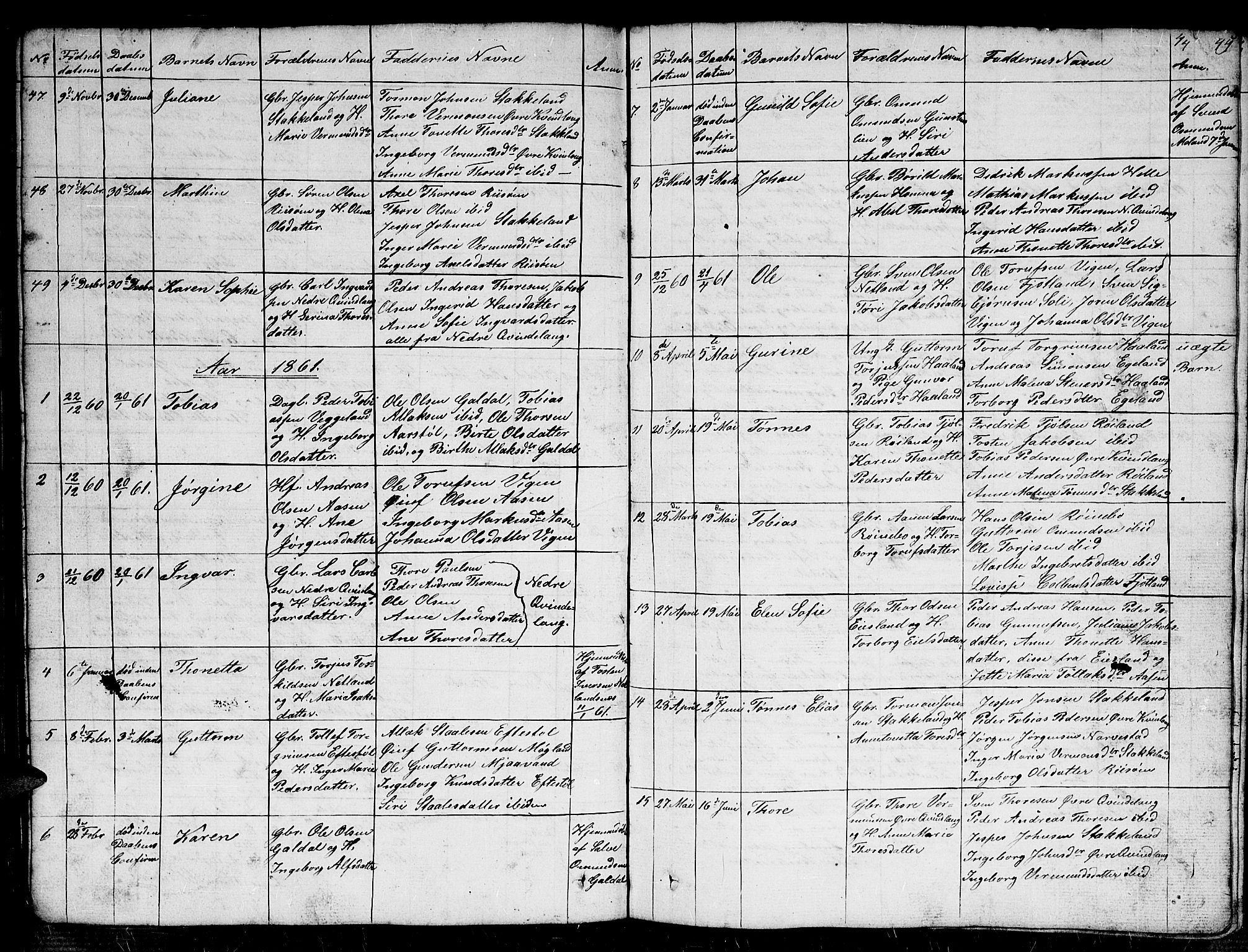 Fjotland sokneprestkontor, SAK/1111-0010/F/Fb/L0002: Parish register (copy) no. B 2, 1841-1871, p. 44