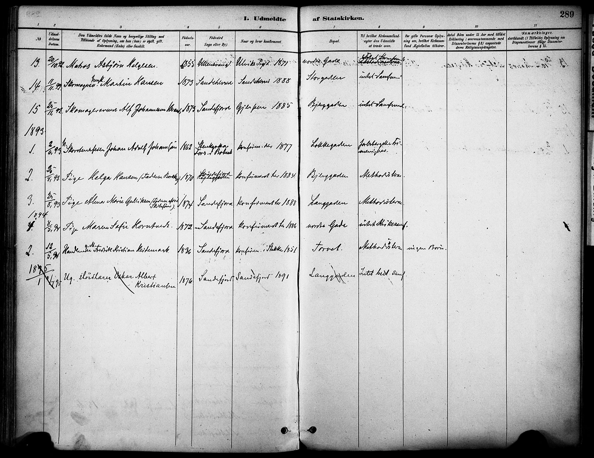 Sandefjord kirkebøker, AV/SAKO-A-315/F/Fa/L0002: Parish register (official) no. 2, 1880-1894, p. 289