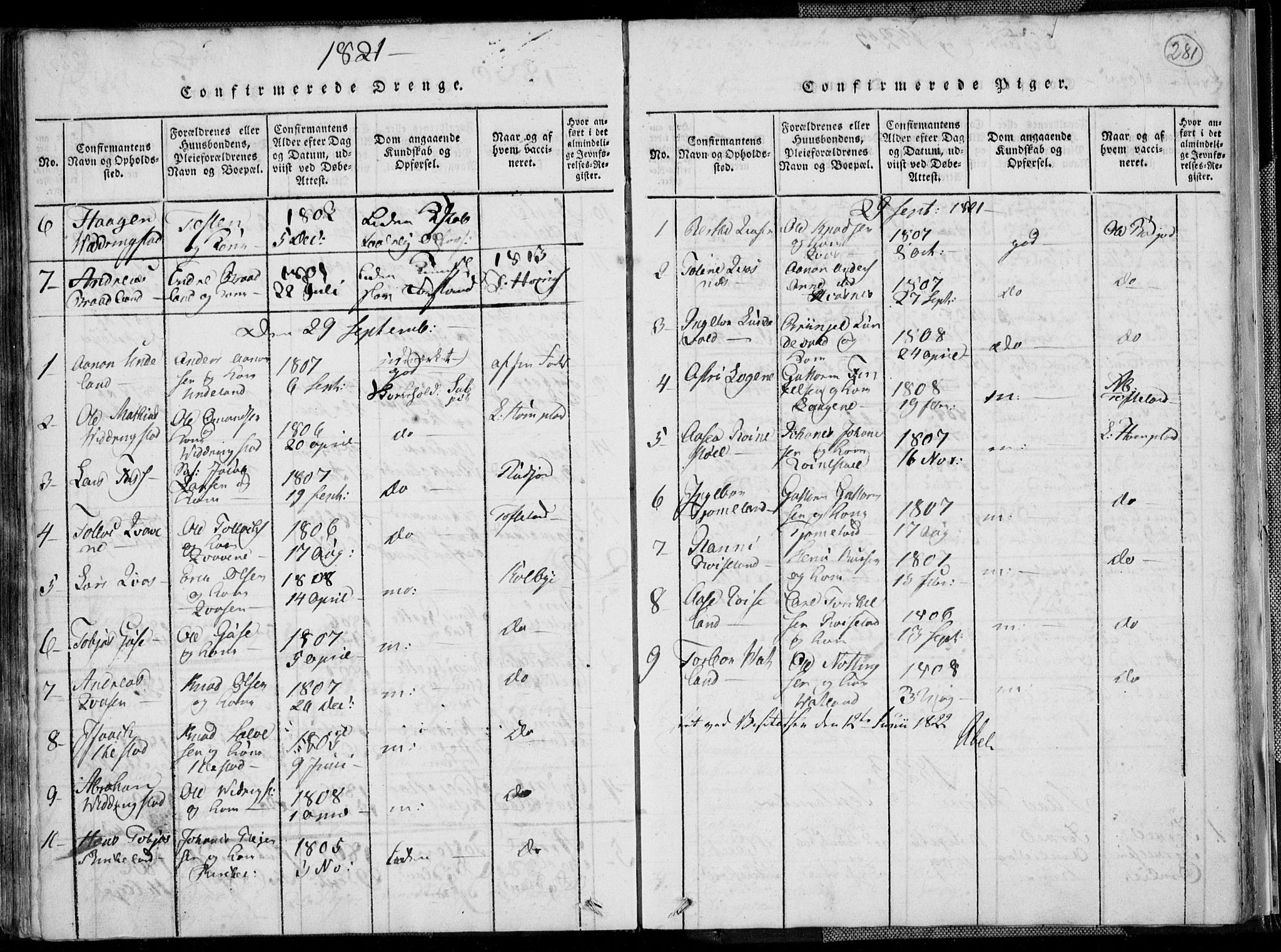 Lyngdal sokneprestkontor, AV/SAK-1111-0029/F/Fa/Fac/L0006: Parish register (official) no. A 6, 1815-1825, p. 281