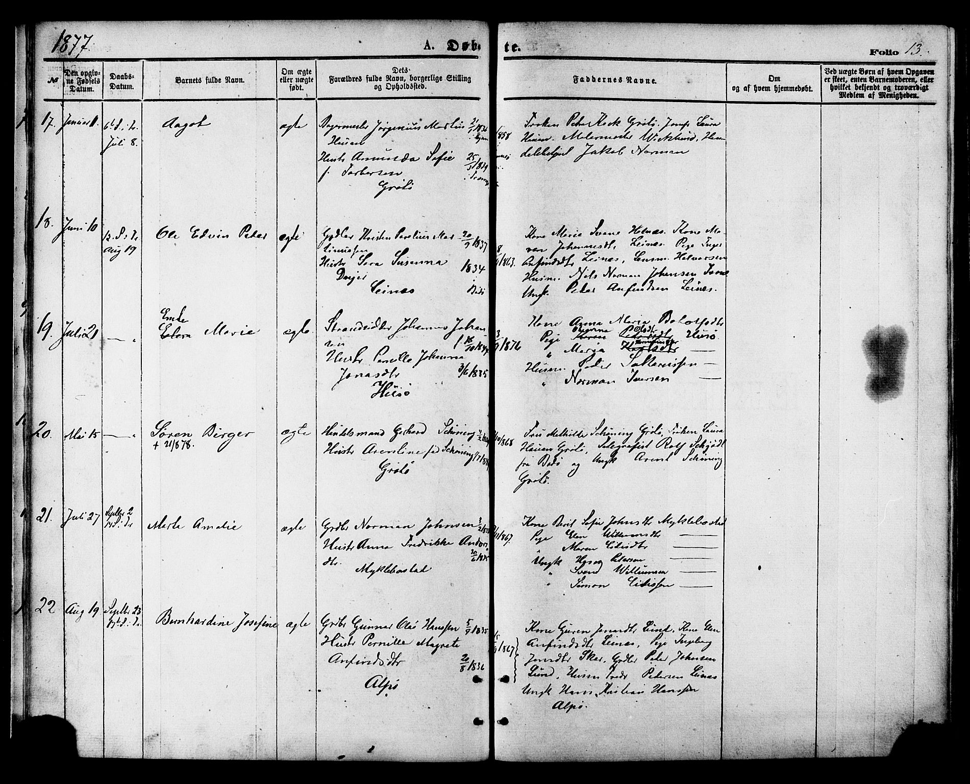 Ministerialprotokoller, klokkerbøker og fødselsregistre - Nordland, AV/SAT-A-1459/857/L0821: Parish register (official) no. 857A01, 1875-1889, p. 13