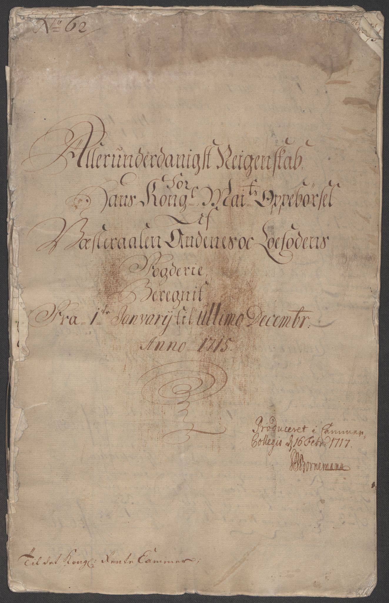 Rentekammeret inntil 1814, Reviderte regnskaper, Fogderegnskap, RA/EA-4092/R67/L4681: Fogderegnskap Vesterålen, Andenes og Lofoten, 1715, p. 5