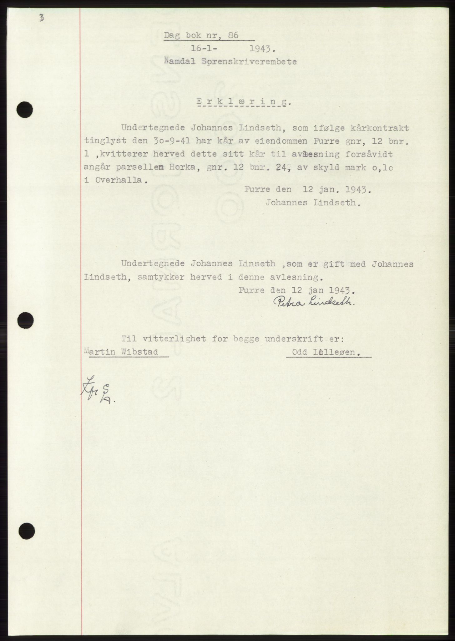 Namdal sorenskriveri, AV/SAT-A-4133/1/2/2C: Mortgage book no. -, 1942-1943, Diary no: : 86/1943