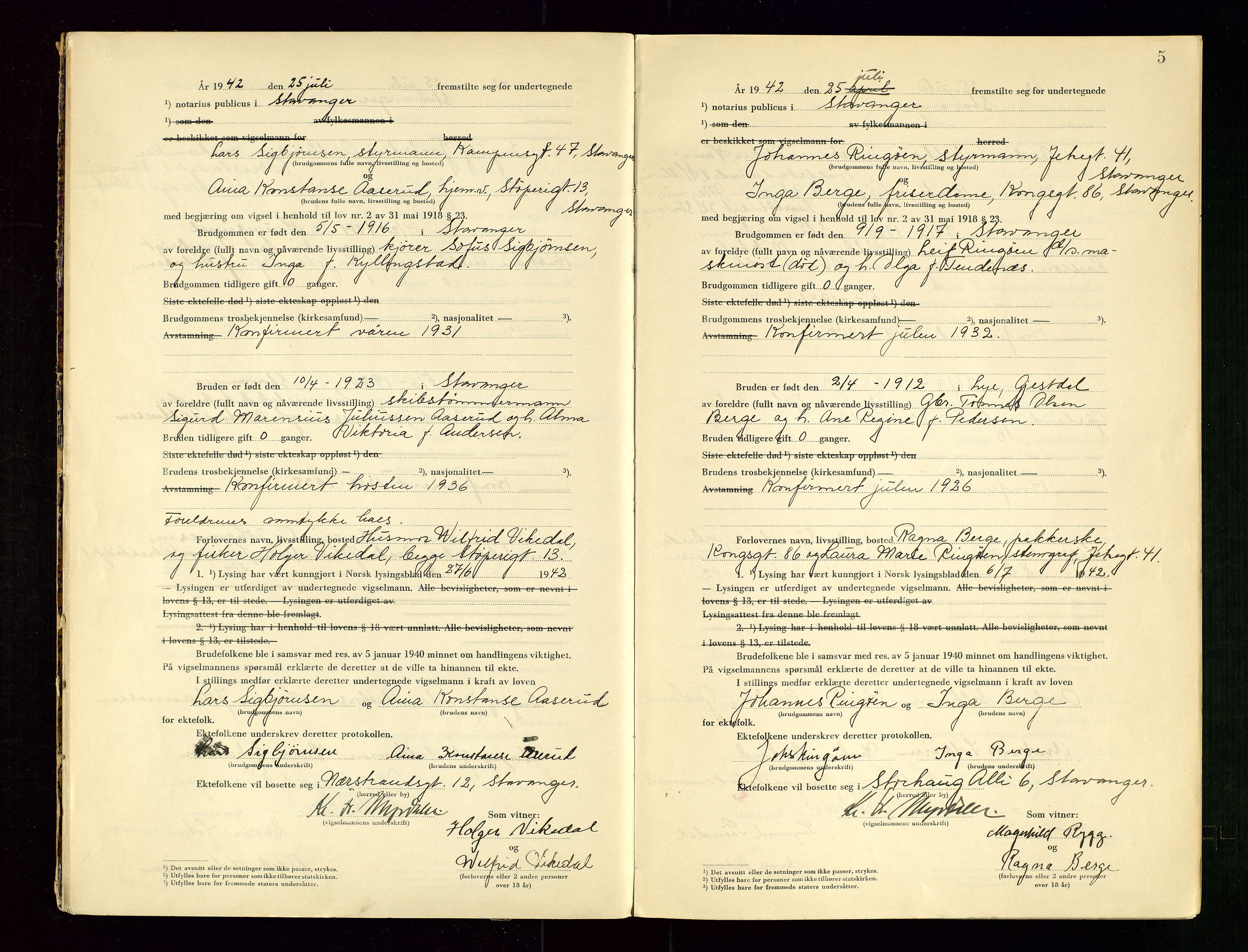 Stavanger byrett, AV/SAST-A-100455/001/6/62/62B/L0005: Vigselsprotokoll, 1942, p. 5
