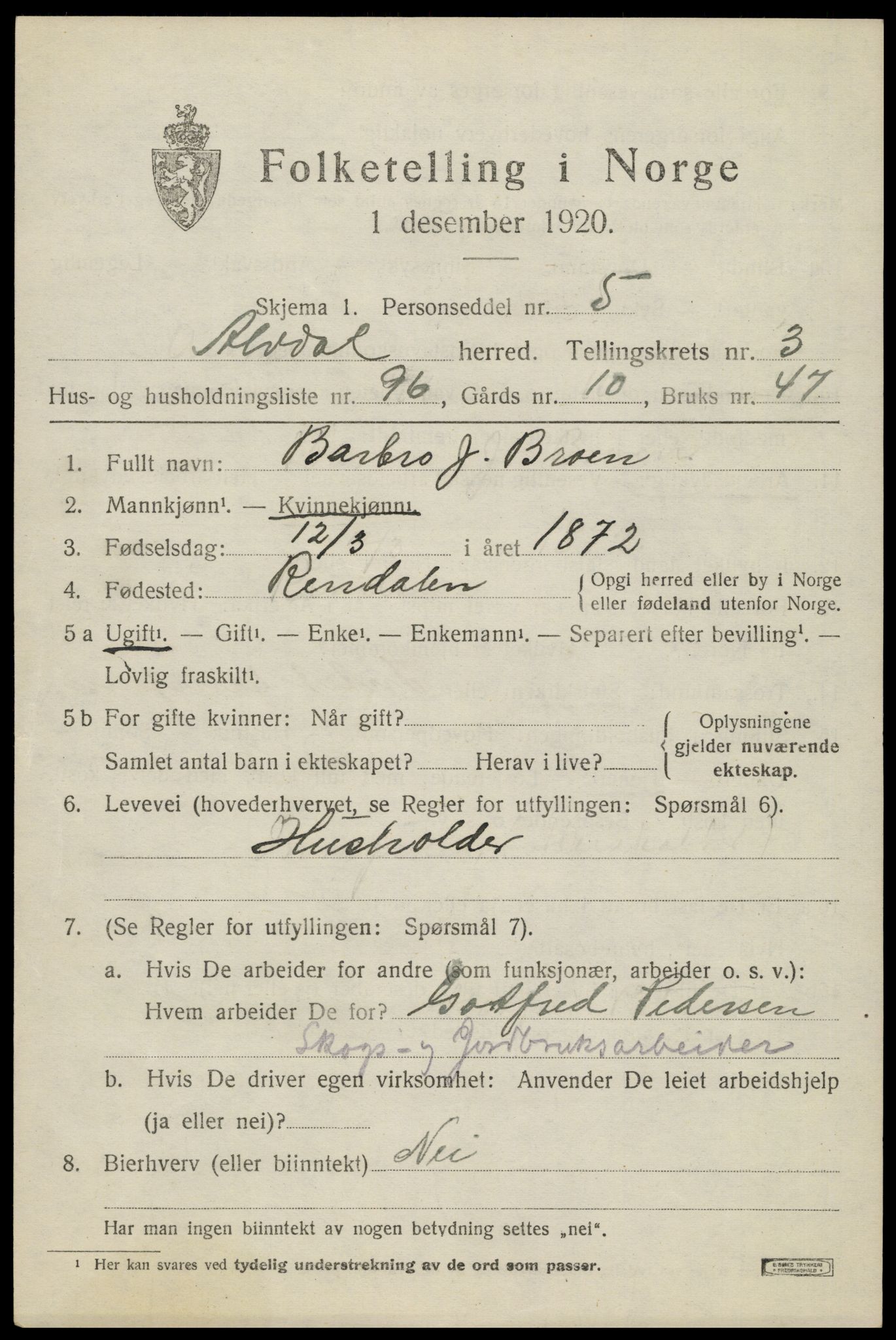 SAH, 1920 census for Alvdal, 1920, p. 2972