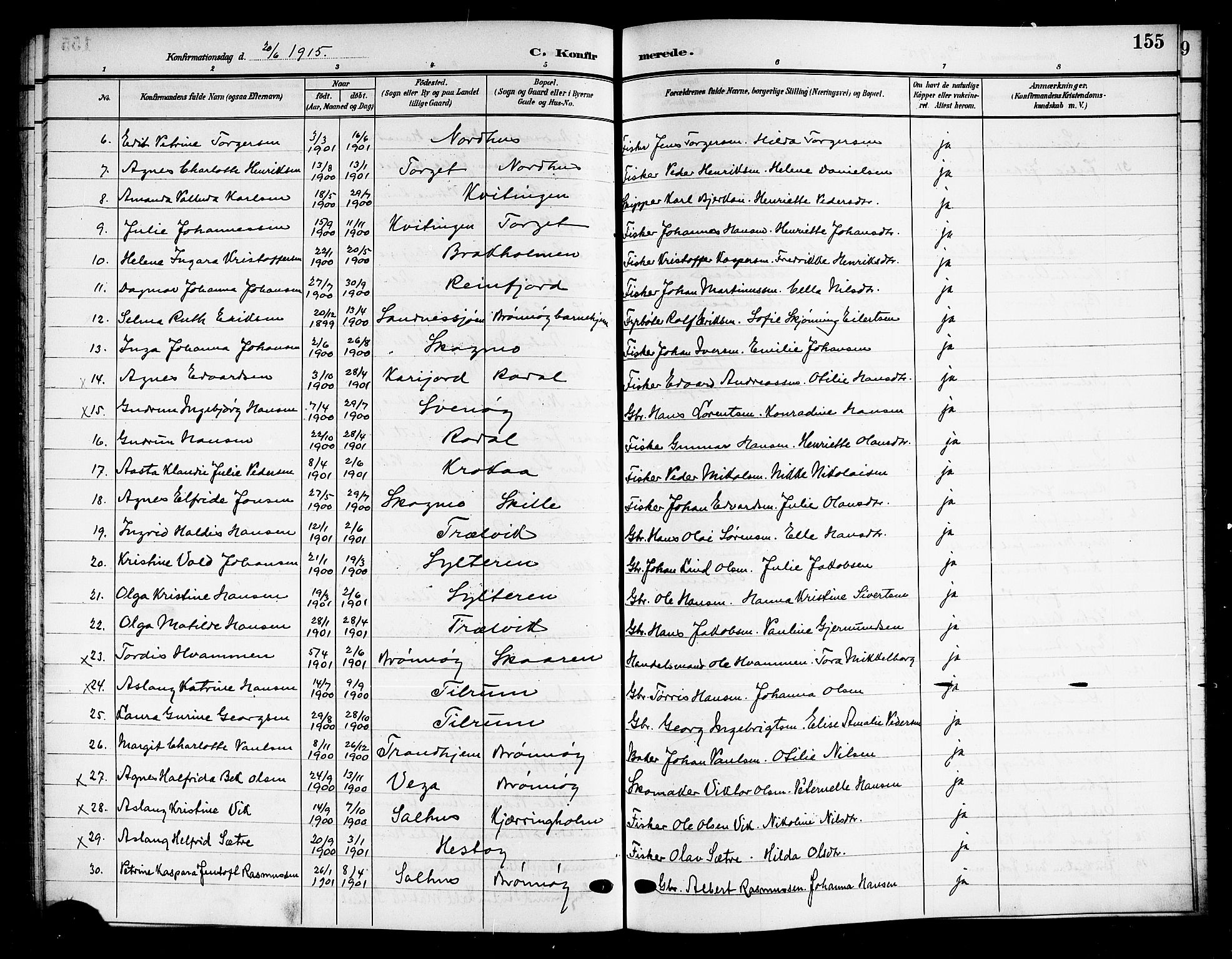 Ministerialprotokoller, klokkerbøker og fødselsregistre - Nordland, AV/SAT-A-1459/813/L0214: Parish register (copy) no. 813C06, 1904-1917, p. 155