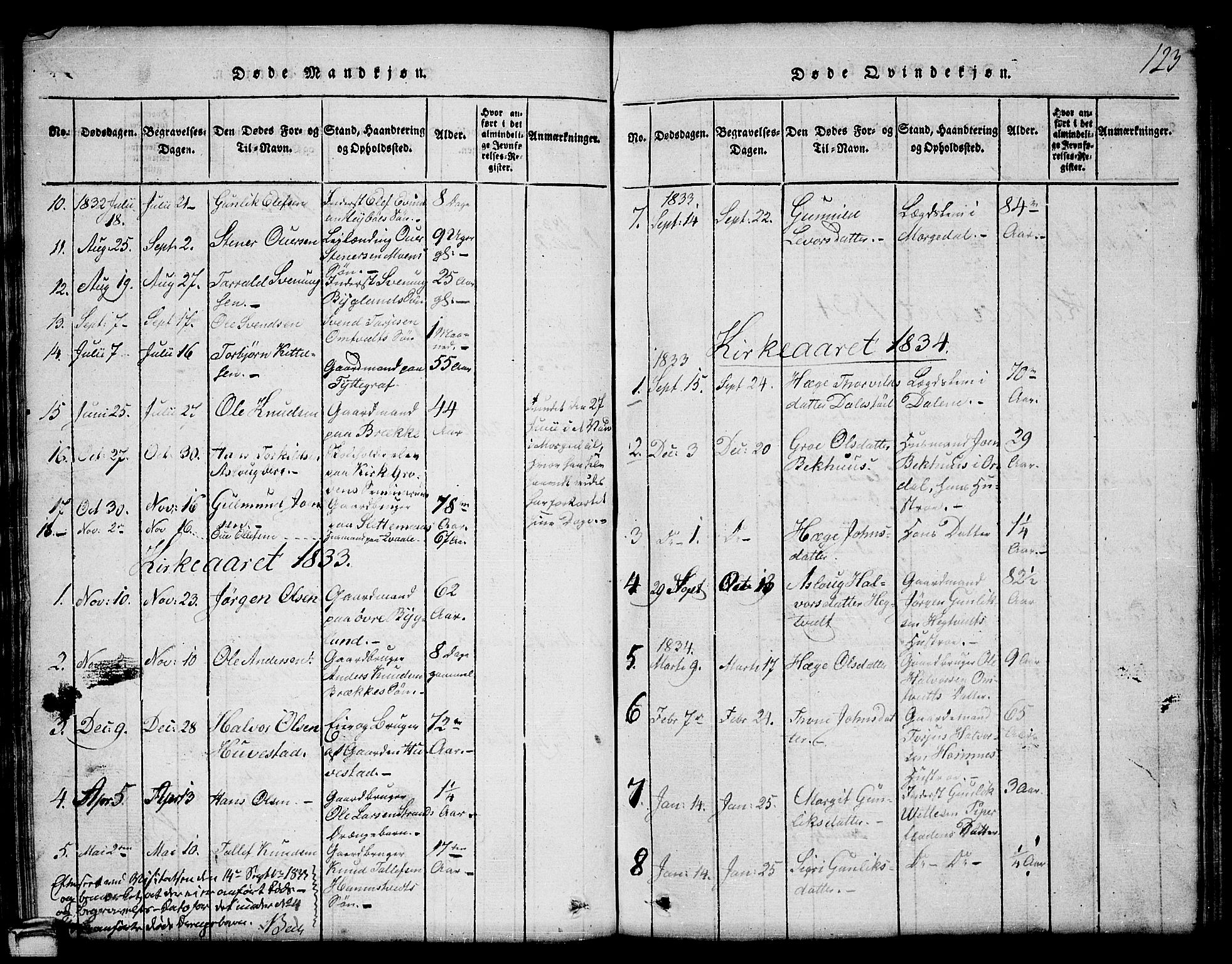Kviteseid kirkebøker, SAKO/A-276/G/Gb/L0001: Parish register (copy) no. II 1, 1815-1842, p. 123