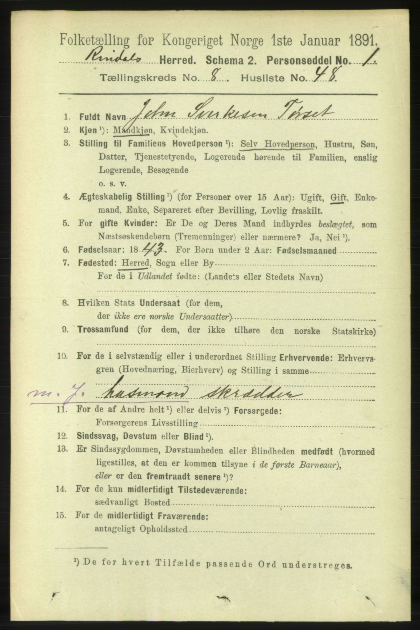 RA, 1891 census for 1567 Rindal, 1891, p. 2804