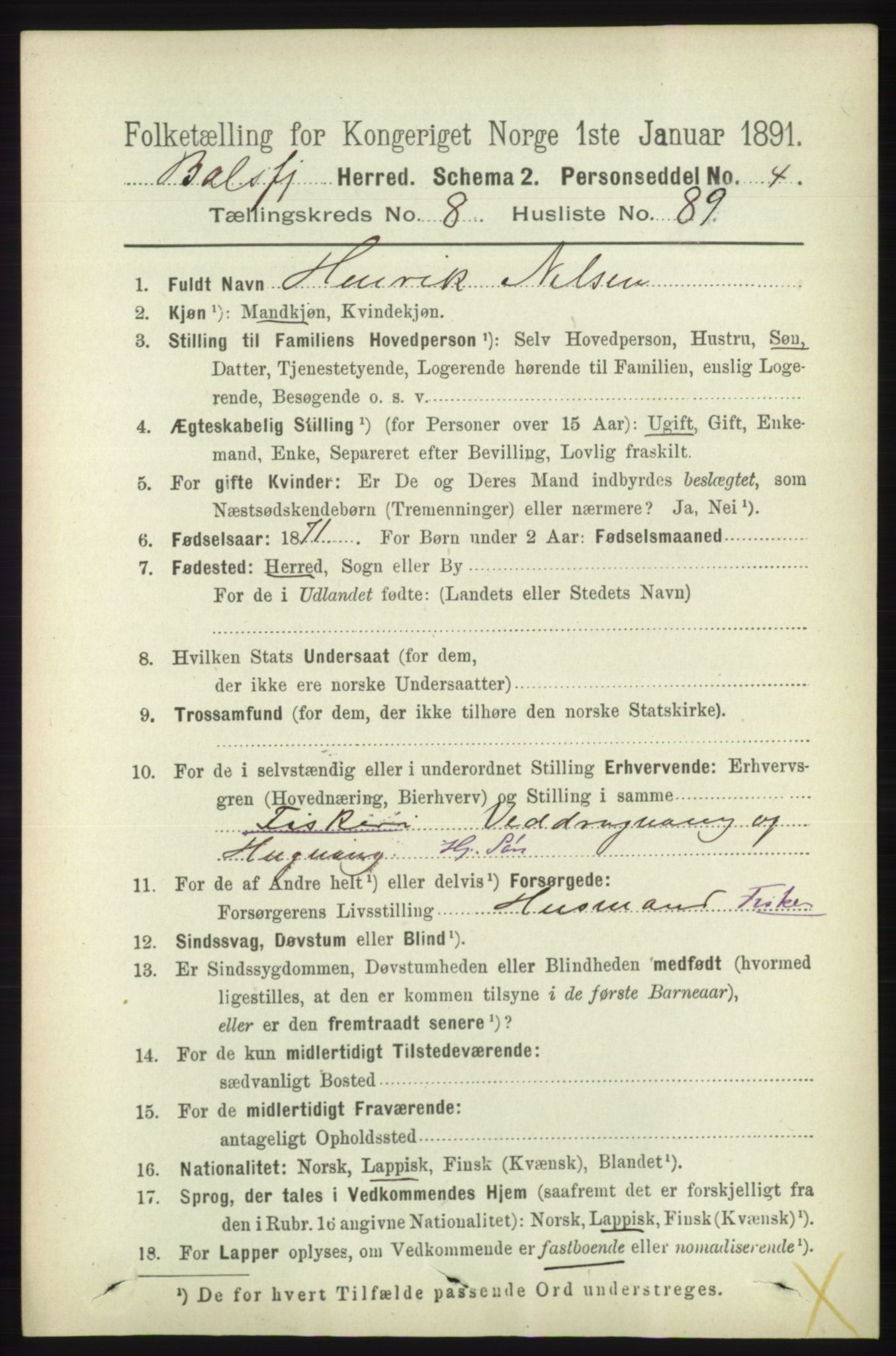 RA, 1891 census for 1933 Balsfjord, 1891, p. 3073