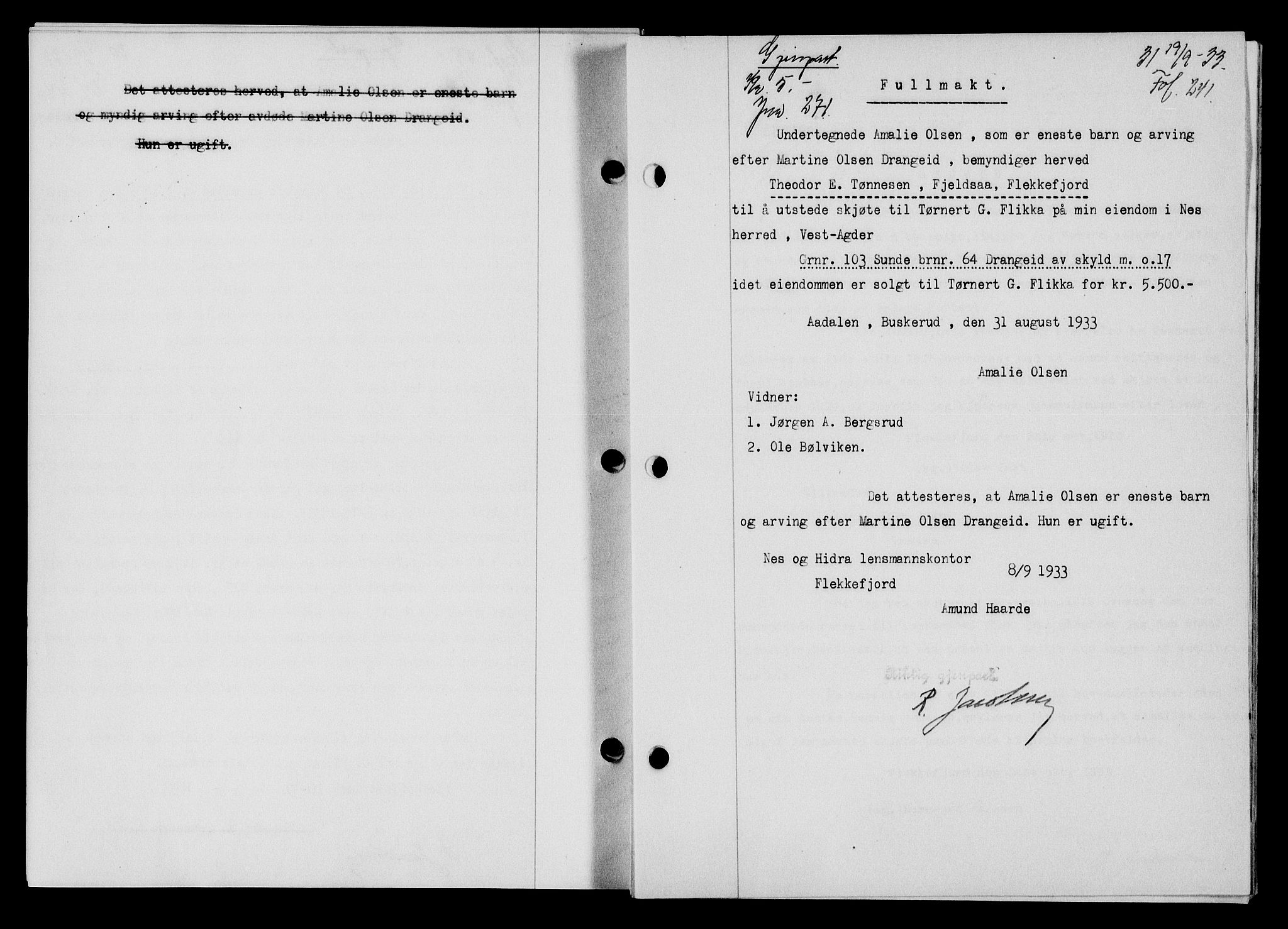 Flekkefjord sorenskriveri, SAK/1221-0001/G/Gb/Gba/L0049: Mortgage book no. 46, 1933-1934, Deed date: 19.09.1933