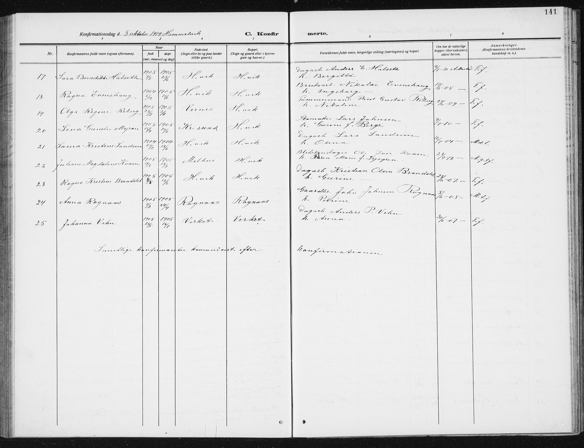 Ministerialprotokoller, klokkerbøker og fødselsregistre - Sør-Trøndelag, SAT/A-1456/617/L0431: Parish register (copy) no. 617C02, 1910-1936, p. 141