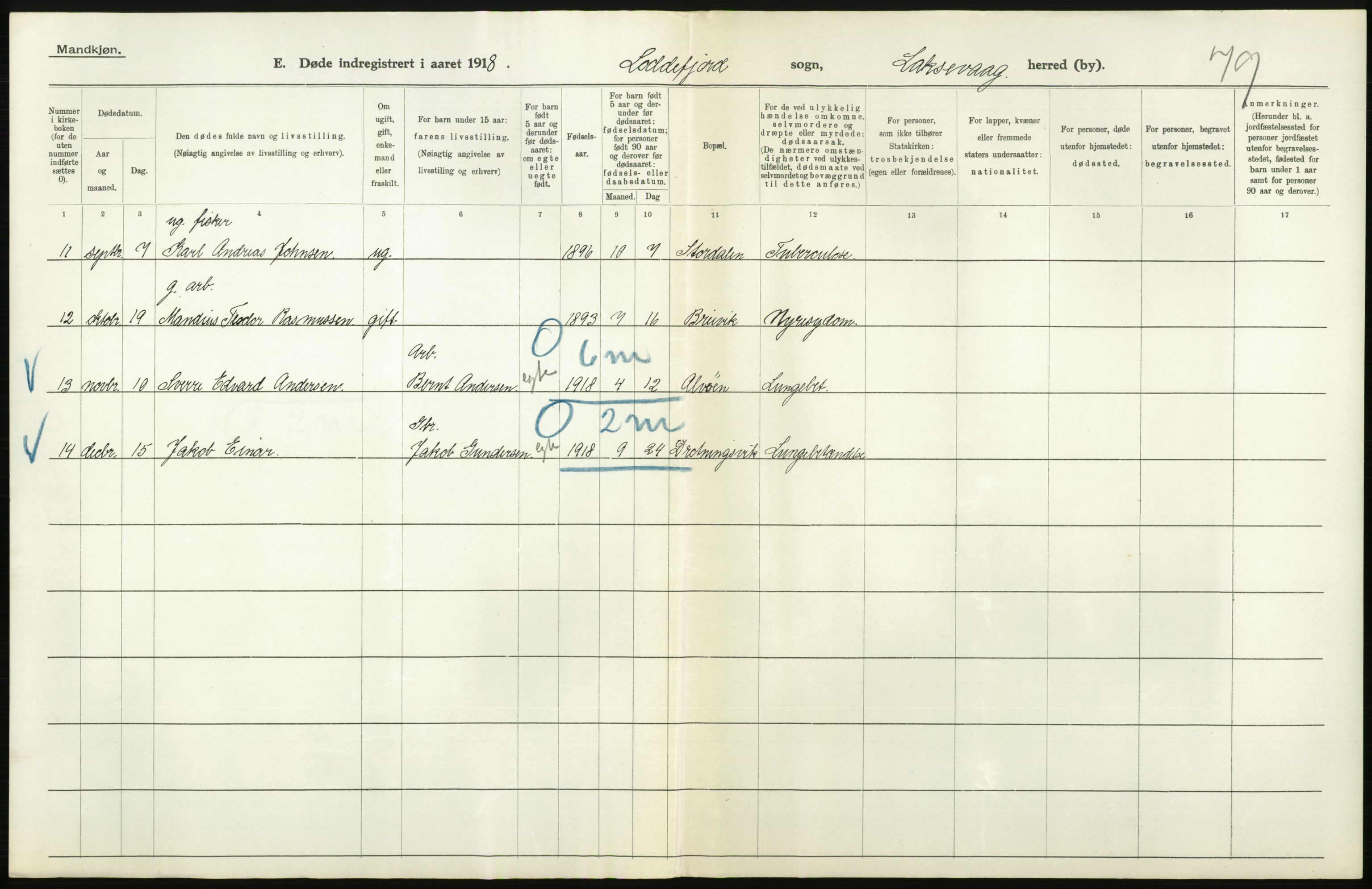 Statistisk sentralbyrå, Sosiodemografiske emner, Befolkning, RA/S-2228/D/Df/Dfb/Dfbh/L0036: Hordaland fylke: Døde., 1918, p. 190