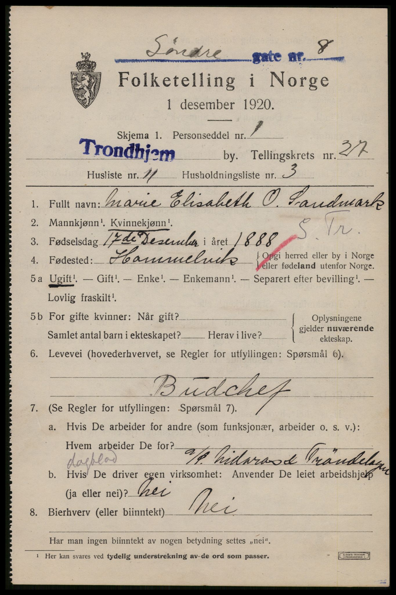 SAT, 1920 census for Trondheim, 1920, p. 70052