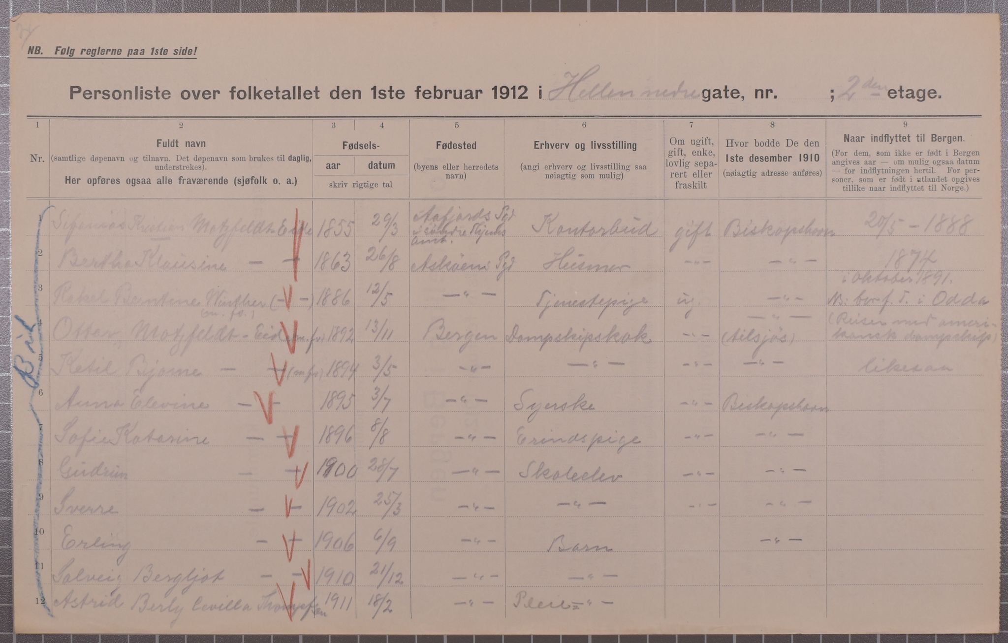 SAB, Municipal Census 1912 for Bergen, 1912, p. 2189