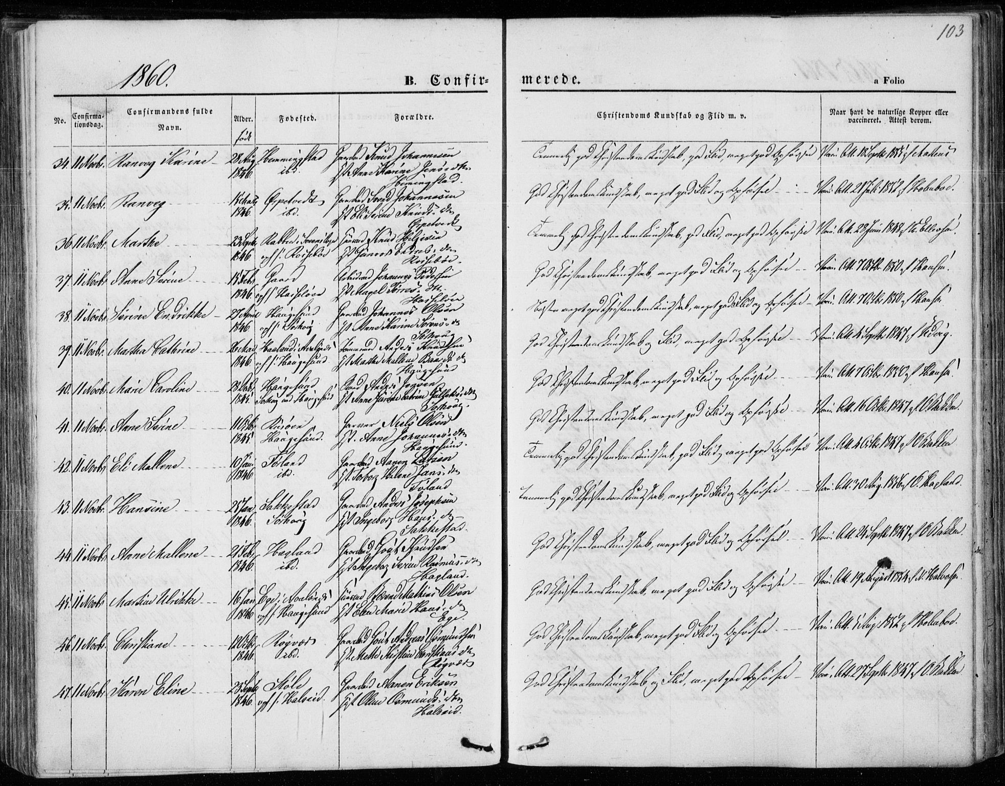 Torvastad sokneprestkontor, SAST/A -101857/H/Ha/Haa/L0011: Parish register (official) no. A 11, 1857-1866, p. 103