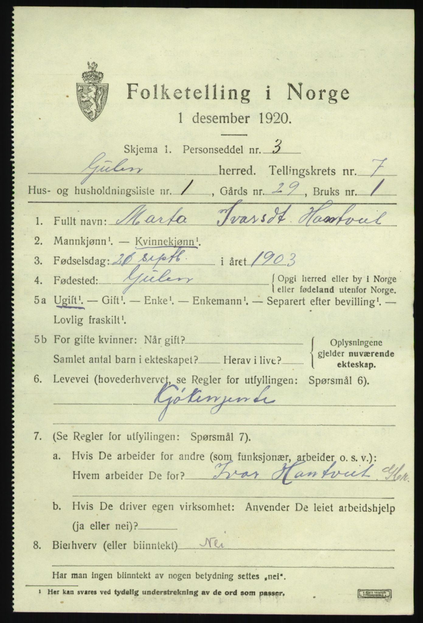 SAB, 1920 census for Gulen, 1920, p. 2997