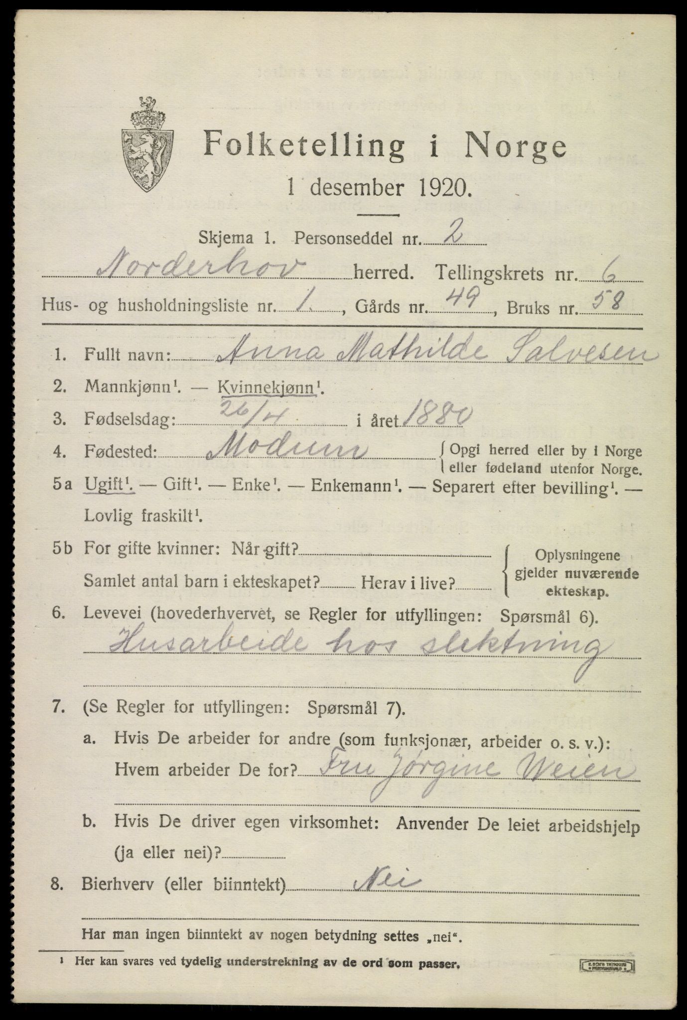 SAKO, 1920 census for Norderhov, 1920, p. 8655