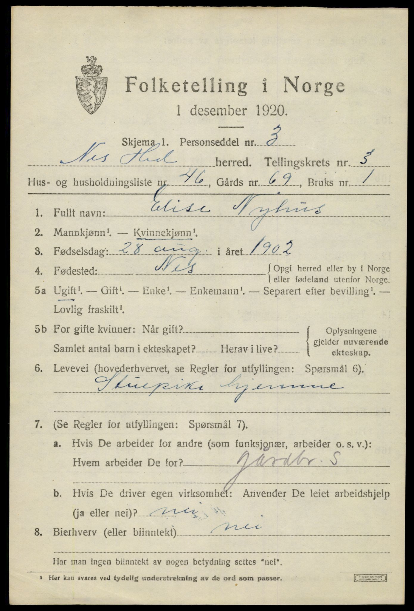 SAH, 1920 census for Nes (Hedmark), 1920, p. 5074