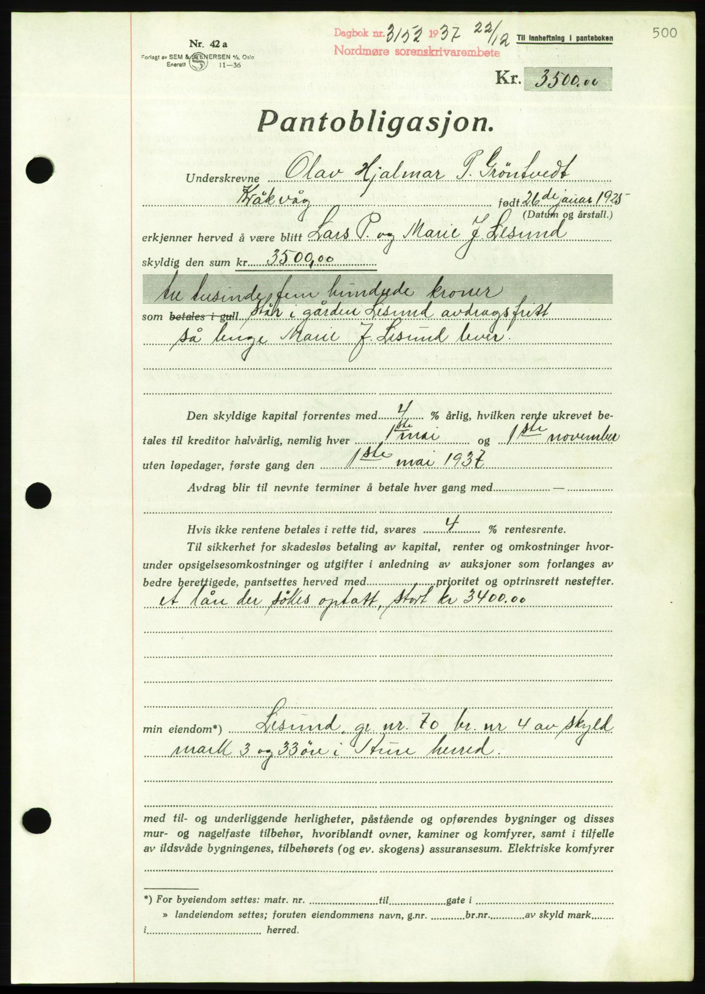 Nordmøre sorenskriveri, AV/SAT-A-4132/1/2/2Ca/L0092: Mortgage book no. B82, 1937-1938, Diary no: : 3152/1937