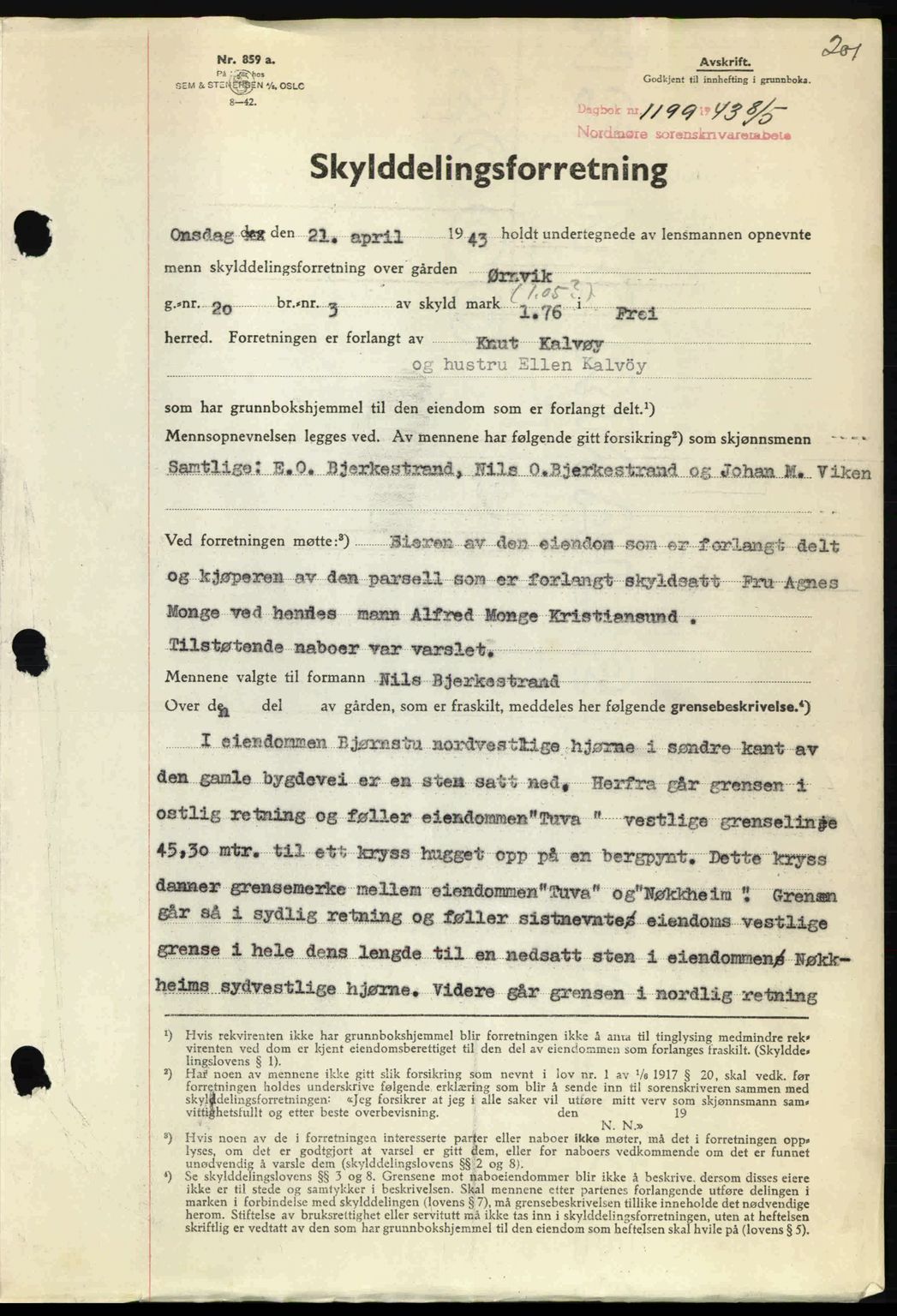 Nordmøre sorenskriveri, AV/SAT-A-4132/1/2/2Ca: Mortgage book no. A95, 1943-1943, Diary no: : 1199/1943