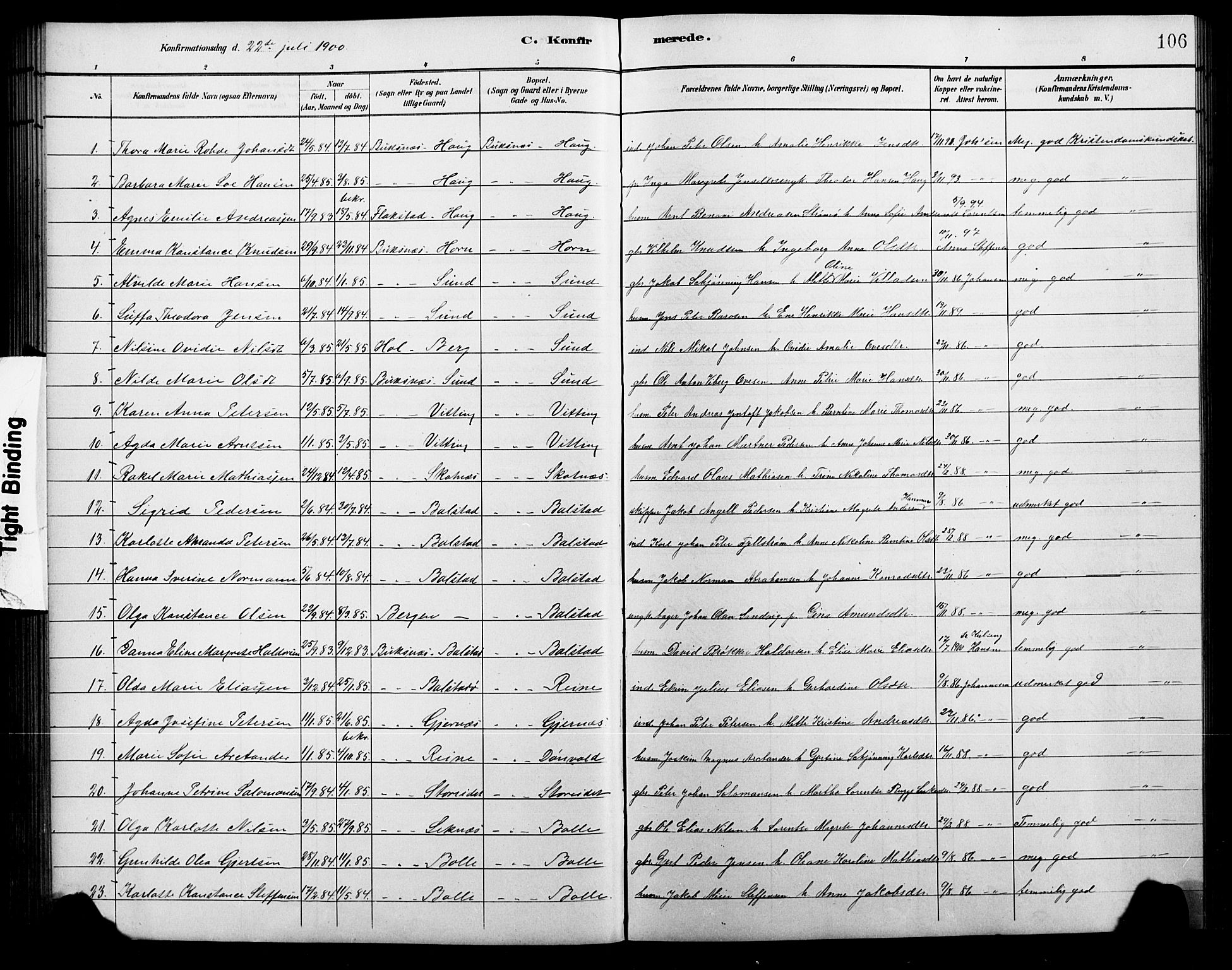 Ministerialprotokoller, klokkerbøker og fødselsregistre - Nordland, AV/SAT-A-1459/881/L1168: Parish register (copy) no. 881C05, 1900-1911, p. 106